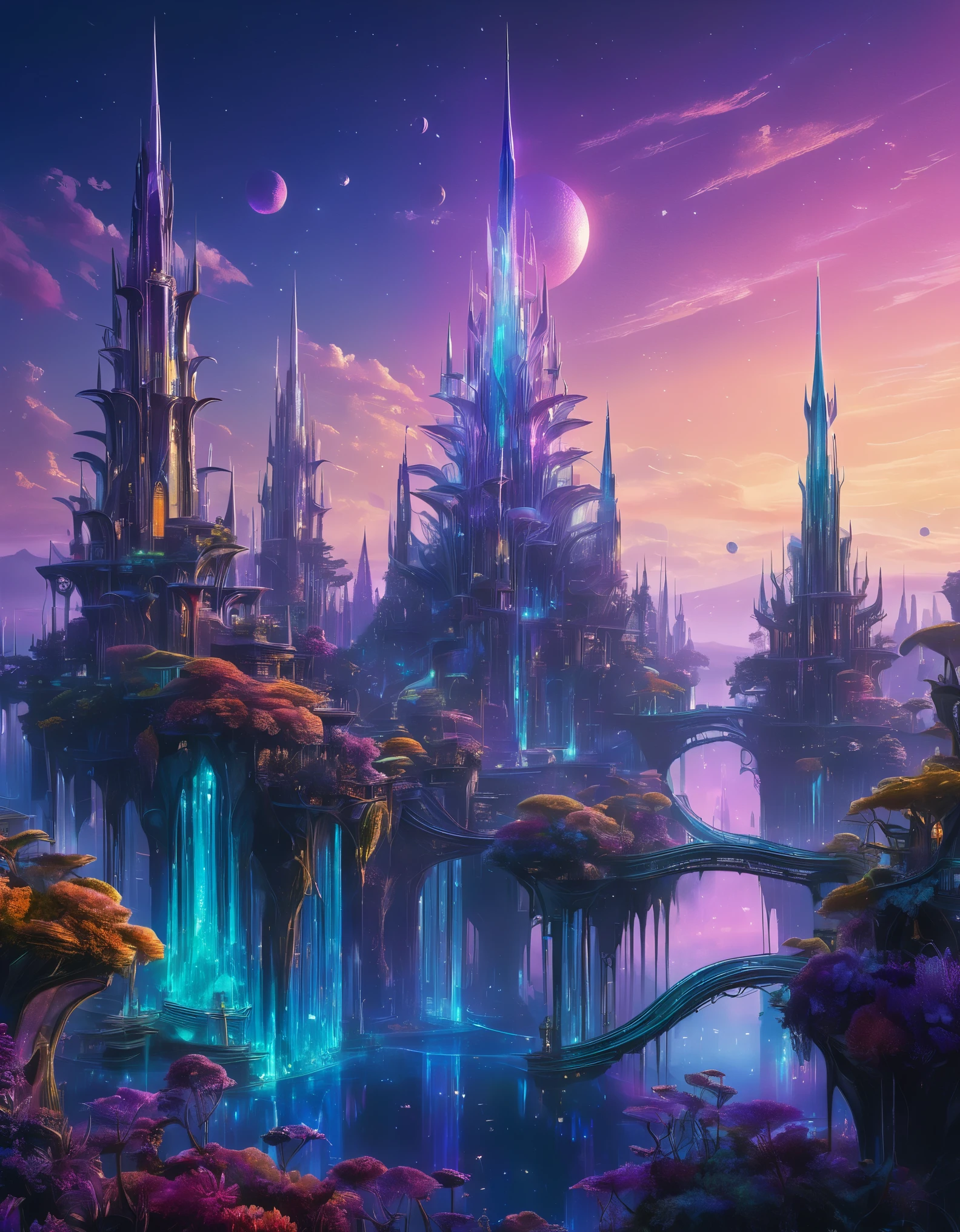 
虹色の水晶の尖塔がそびえ立つ、活気に満ちた異星の都市景観, 曲がりくねった空中歩道, 夕暮れの空を照らす生物発光植物.