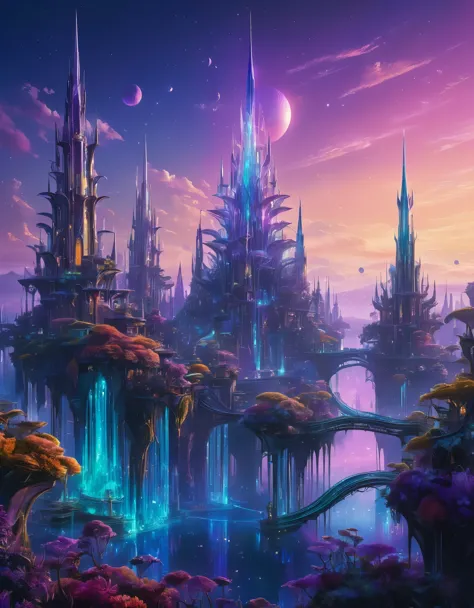 
A vibrant alien cityscape with towering spires of iridescent crystal, winding aerial walkways, and bioluminescent flora illumin...