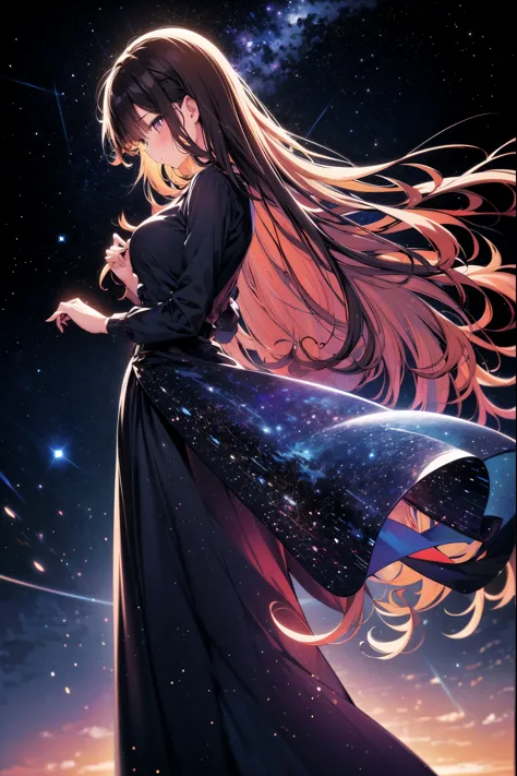 Girl wearing starry dress, The Milky Way stretches to the horizon,Elegant twirl in long skirt,deep indigo and violet shades, A f...