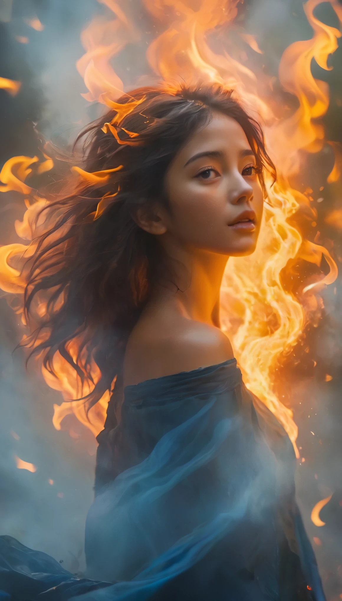 (elemento de fuego:1.1),It consists of elemento de fuego,(1 pechos enormes:1.2),incendio,Transparencia,ardiente,(Roca fundida),piel de llama,Frame print,ardiente hair,fumar,nube,picado,,girl engulfed in flames, Las llamas vuelan y las chispas se dispersan,mano ardiente,translucent luminescence,