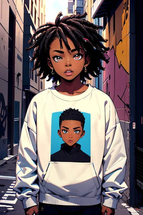 black boy, sweatshirt, beautiful detailed eyes, stylish haircut, urban setting, vibrant colors, street art, graffiti, cool pose,...