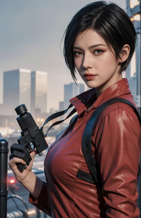 1 beautiful girl，resident Evil，Realistic skin texture，realistic hair，gun in hand,looking into camera, short hair, black hair, re...