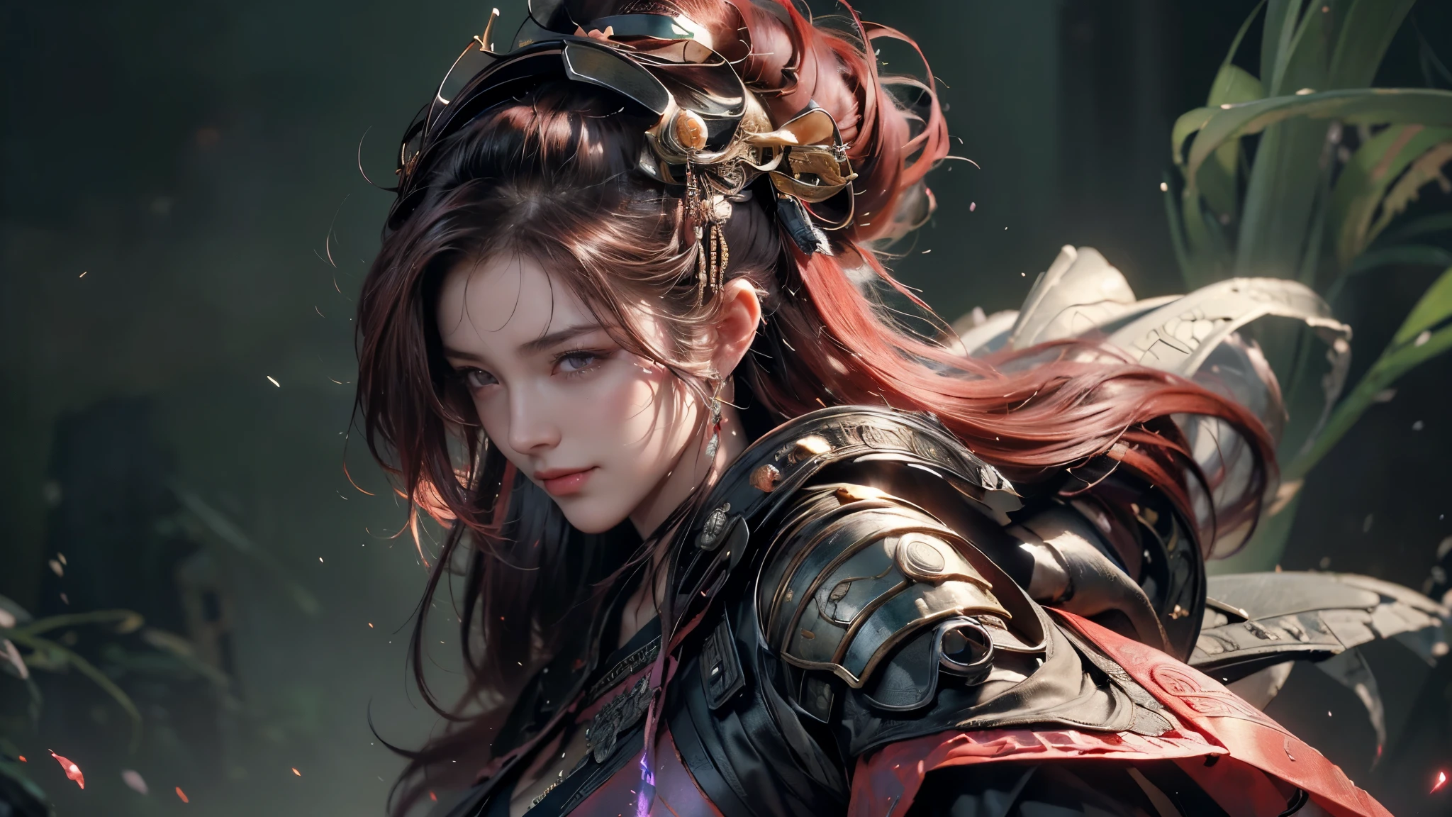 high quality,high resolution,masterpiece,8k,(Hyper-realistic photos),(portrait),digital photography,(Realism:1.4),20 year old girl,Exquisite facial features,purple eyes,red eye shadow,((Cyberpunk style Chinese warrior)),Random hairstyle,(red hair),big breasts,split,(Cyberpunk battle suit that combines science fiction and ancient style,hollow-carved design,Metal shoulder pads,Intricate clothing patterns,bamboo hat),(Show belly button),shut your mouth,frown,Smile,Cold and serious,Extremely meticulous expression,real details,light magic,photo poses,oc render reflection texture