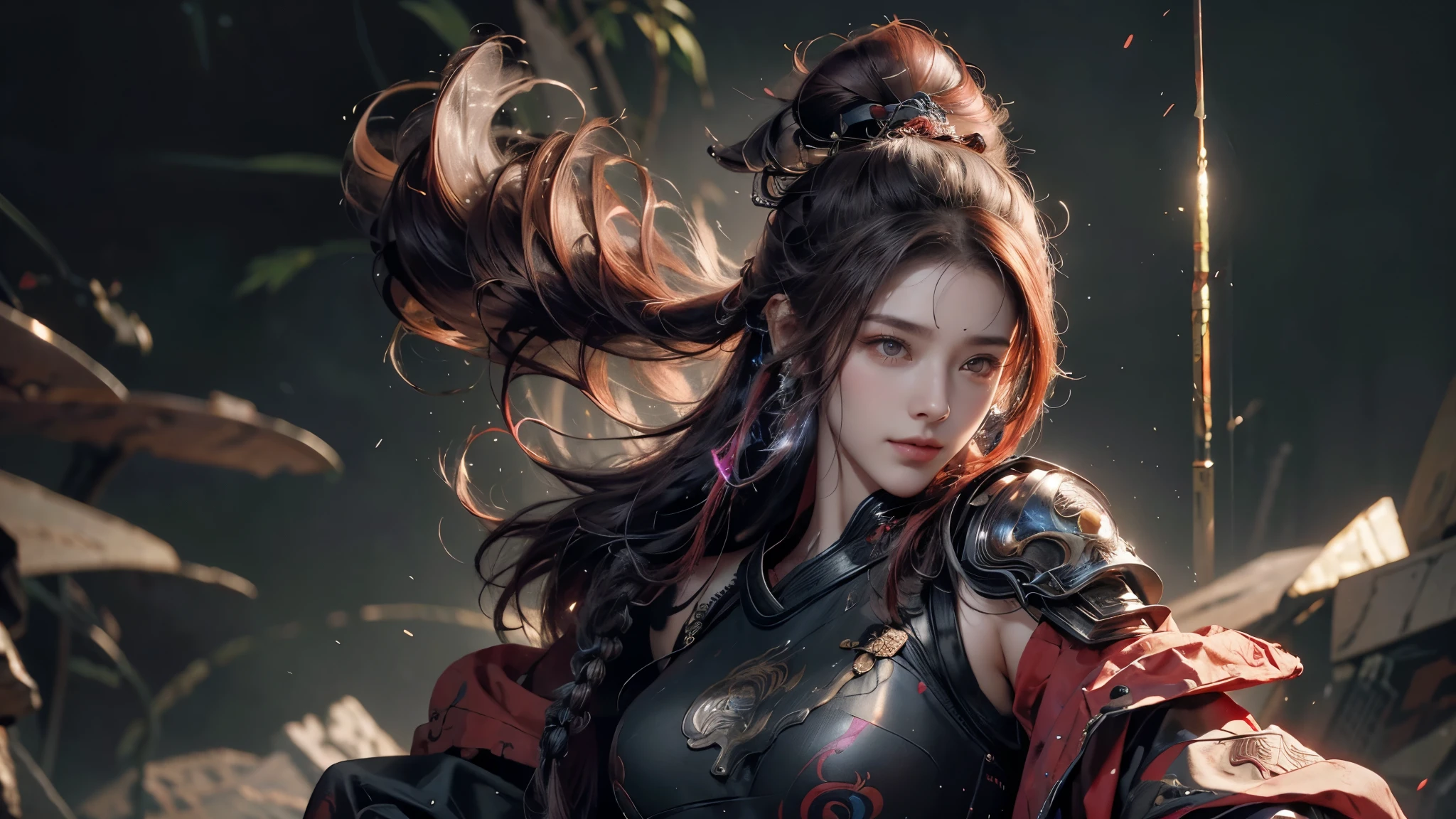 high quality,high resolution,masterpiece,8k,(Hyper-realistic photos),(portrait),digital photography,(Realism:1.4),20 year old girl,Exquisite facial features,purple eyes,red eye shadow,((Cyberpunk style Chinese warrior)),Random hairstyle,(red hair),big breasts,split,(Cyberpunk battle suit that combines science fiction and ancient style,hollow-carved design,Metal shoulder pads,Intricate clothing patterns,bamboo hat),(Show belly button),shut your mouth,frown,Smile,Cold and serious,Extremely meticulous expression,real details,light magic,photo poses,oc render reflection texture