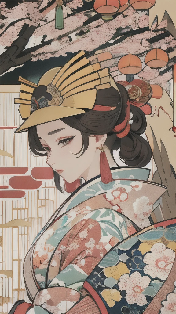 (masseter membrane、top quality、Ukiyo-e style、mystery、Exquisite and beautiful、official art、Sharaku:1.2)、(1 girl in:1.3)、(Fractal art:1.3)、cowboy shooting、White skin、(beautiful brunette、kimono:1.2)、Set against the backdrop of traditional Japanese performing arts、rich and colorful、(reel、Belongs to Japanese style:1.2)、glowing skin、spread your legs，Camel toe showing thigh!!!、