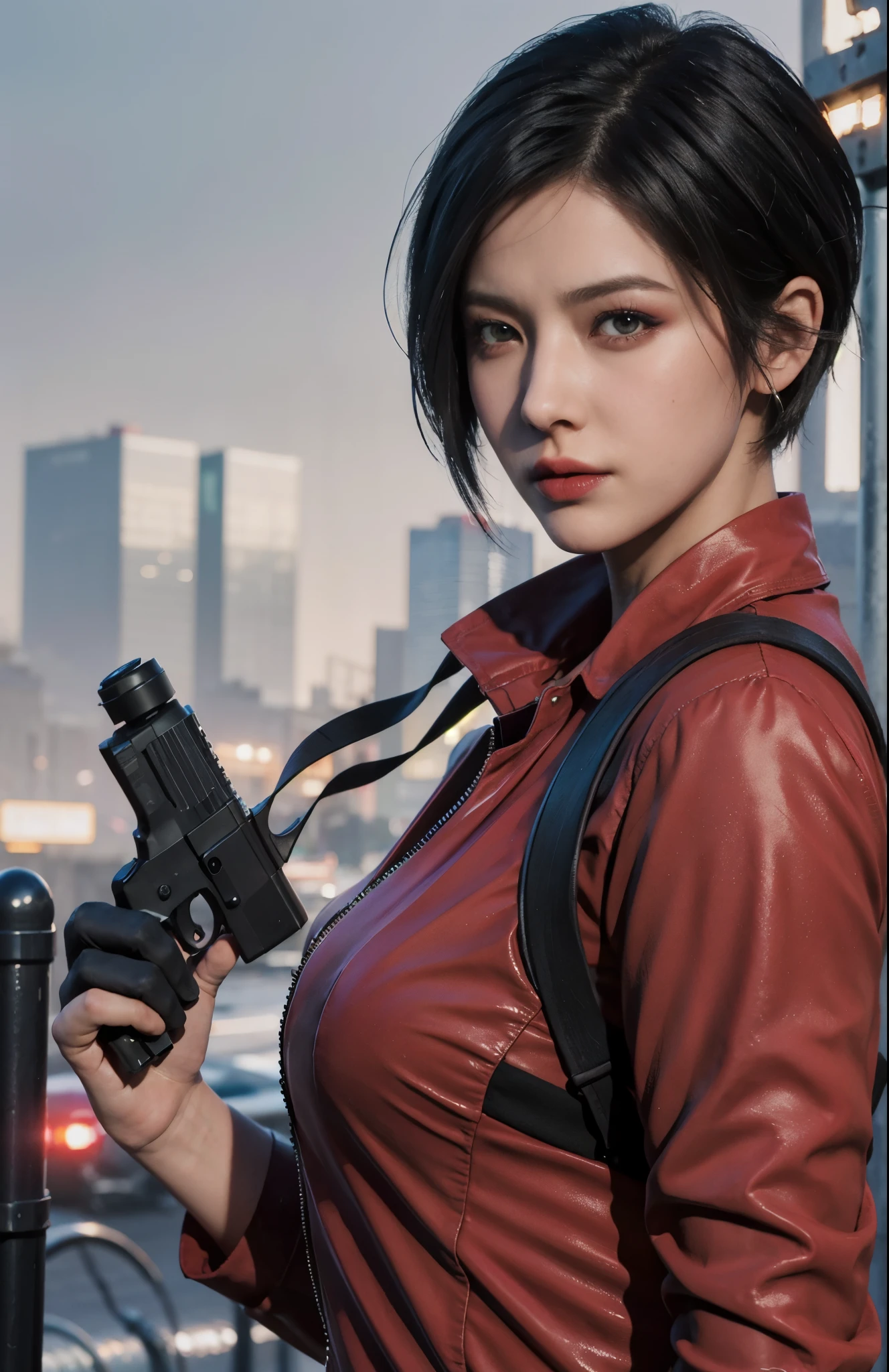 1 beautiful girl，resident Evil，Realistic skin texture，realistic hair，Hair with layers，gun in hand,looking into camera, short hair, black hair, red purple dress, , adrienne&#39;s face,Rich colors，bright colors，game rendering，close-up,，Realistic，best quality, high resolution:1.2, shadow, 4k，Lots of details，game art，​Masterpiece,Detailed eyes, top quality, 超high resolution, light, very very beautiful, beautiful skin, 