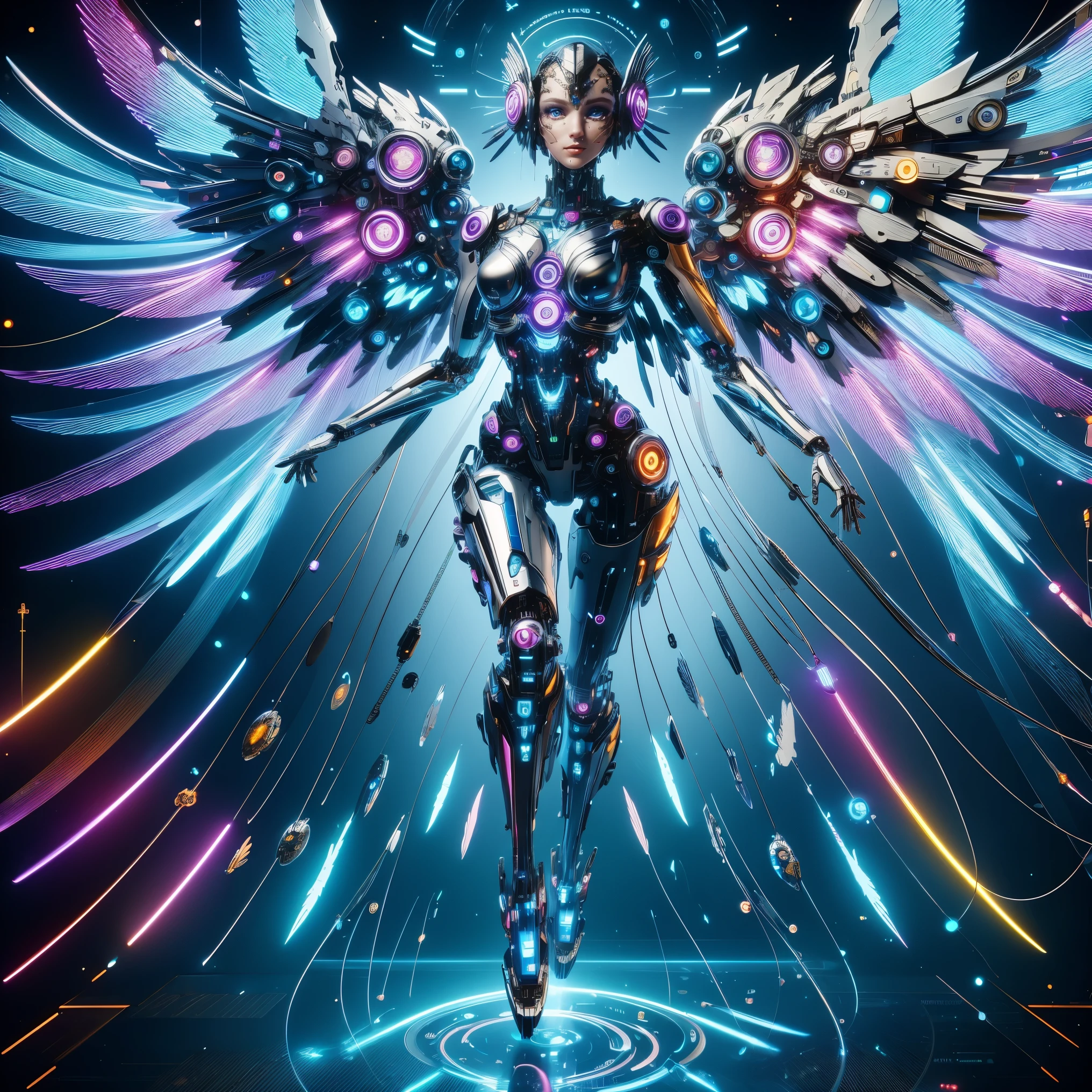 (masterpiece, best quality:1.2), Futuristic, mechanical female angel, high-tech machinery, dreamy radiance, full body, female figure, floating mid-air, intricate craftsmanship, masterpiece, glowing, neon lights, high-tech mechanical parts, mechanical fingers, mechanical wings, mechanical head, metal feathers, cool appearance, mechanical legs, biomimetic eyes, intricate feather design, dreamy radiance, electric blue, bright purple, vividly glowing eyes, reflective metallic surfaces, interlocking mechanical gears, dynamic fashion, motion blur effect, sci-fi atmosphere, aerodynamic streamlined, laser scanning patterns, holographic projection, glowing circuit lines, electric sparks, shiny chrome, (Gray background, simple background:1.5), ((first-person view, pov, eyes looking at the audience))