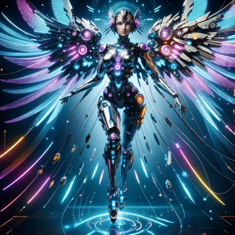 (masterpiece, best quality:1.2), Futuristic, mechanical female angel, high-tech machinery, dreamy radiance, full body, female fi...