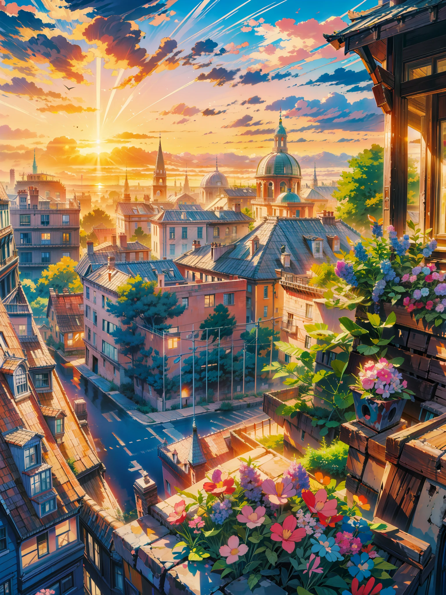 a painting of a sunset over a city, floral sunset, hd anime cityscape, anime scenery, anime landscape, beautiful anime scenery, anime background art, anime scenery concept art, beautiful anime art, tomas kinkade, watching the sun set. anime, beautiful anime artwork, background of flowery hill, beautiful terrace, anime style cityscape, anime beautiful peace scene, no people