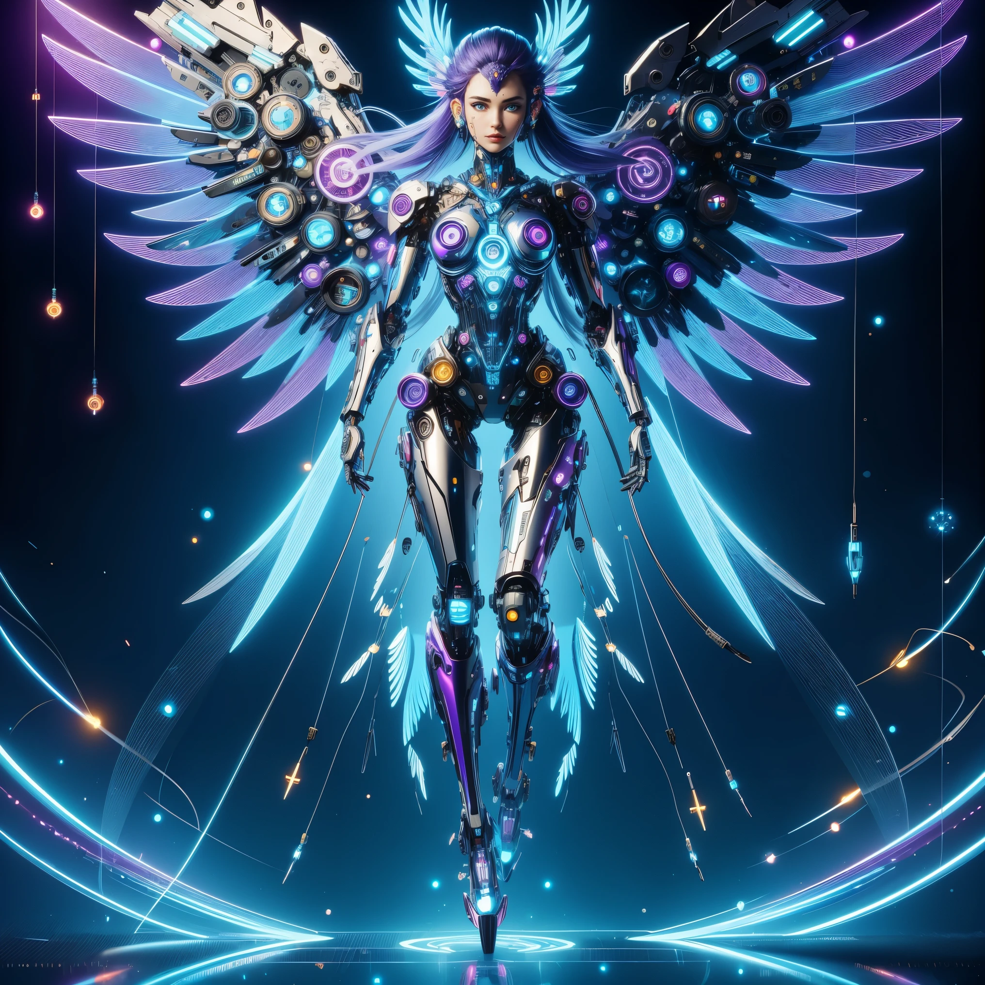 (masterpiece, best quality:1.2), Futuristic, mechanical female angel, high-tech machinery, dreamy radiance, full body, female figure, floating mid-air, intricate craftsmanship, masterpiece, glowing, neon lights, high-tech mechanical parts, mechanical fingers, mechanical wings, mechanical head, metal feathers, cool appearance, mechanical legs, biomimetic eyes, intricate feather design, dreamy radiance, electric blue, bright purple, vividly glowing eyes, reflective metallic surfaces, interlocking mechanical gears, dynamic fashion, motion blur effect, sci-fi atmosphere, aerodynamic streamlined, laser scanning patterns, holographic projection, glowing circuit lines, electric sparks, shiny chrome