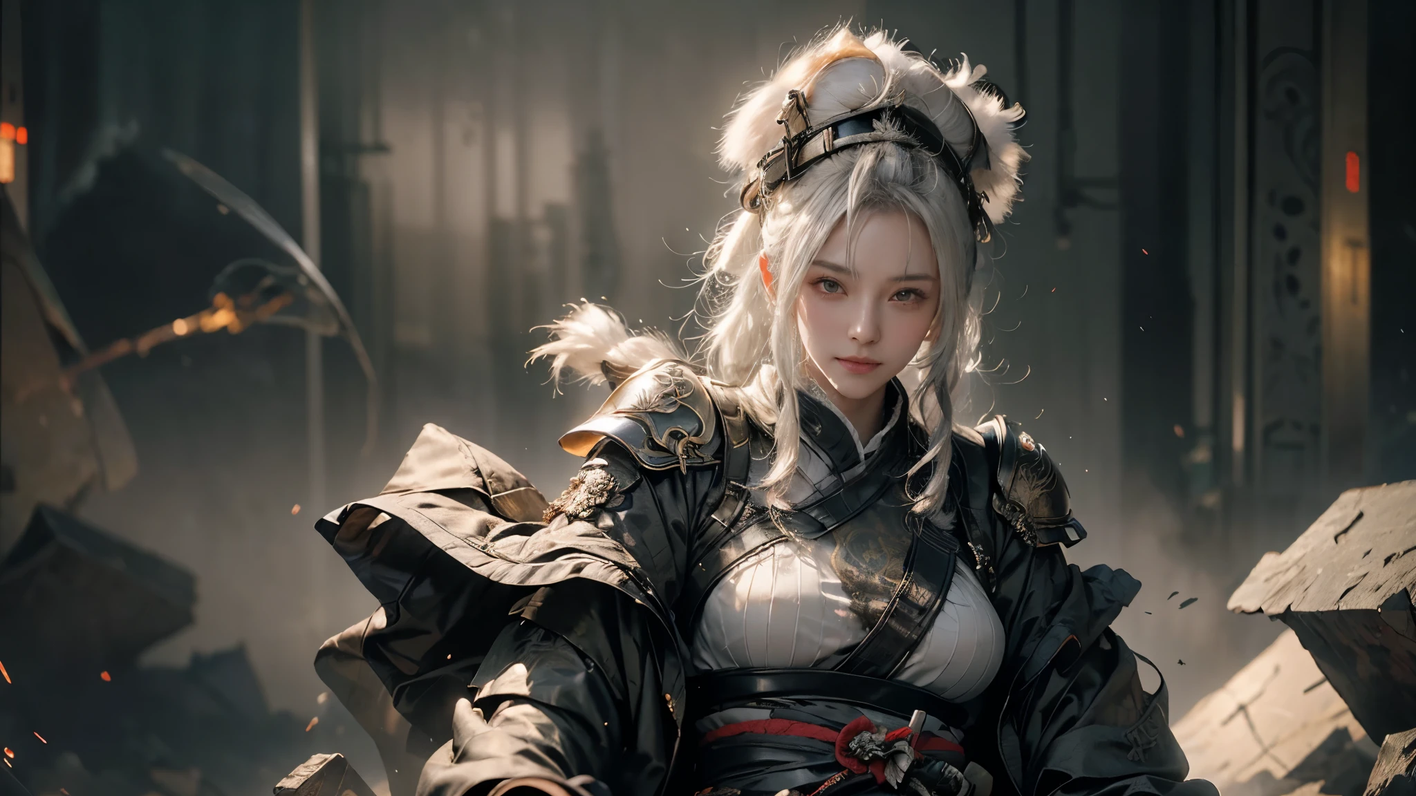 high quality,high resolution,masterpiece,8k,(Hyper-realistic photos),(portrait),digital photography,(Realism:1.4),20 year old girl,Exquisite facial features,Glowing sword,((Cyberpunk style Chinese warrior)),Random hairstyle,(white hair),big breasts,split,(Cyberpunk battle suit that combines science fiction and ancient style,hollow-carved design,Metal shoulder pads,Intricate clothing patterns,bamboo hat),(Show belly button),shut your mouth,frown,Smile,Cold and serious,Extremely meticulous expression,real details,light magic,photo poses,oc render reflection texture