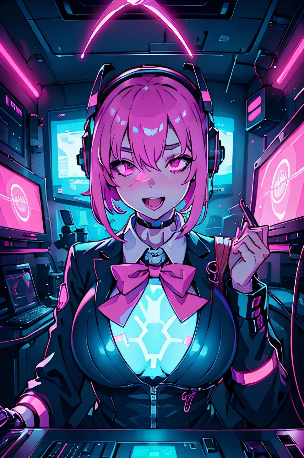 Anime サイボーグ girl sitting in a pilot seat wearing a バーチャルリアリティ headset covering her eyes on her face with machinery and tubes and wires going inside her head and brain, (最高品質,高解像度:1.2), 非常に詳細な, (現実的:1.3), サイバーパンク, 未来的な, 肖像画, 光沢のある露出度の高いラテックスの衣装, サイバーインプラント, バーチャルリアリティ, よだれを垂らす顔, 脳に差し込まれたケーブル, シャツの襟, ちょうネクタイ, フォーマルな服装, 口を開けて笑う, 対面視聴者, 女の子は振動している, glowing バーチャルリアリティ headset, リラックスした表情, 赤面, サイバー未来フォーマルウェア, サイバーパンク, 未来的な, 頭脳流出, サイバーインプラント, バーチャルリアリティ, よだれを垂らす顔, バーチャルリアリティ headset covering eyes,  学生服, 大きな襟, ハイカラー, 口を開けて笑う, 喜びd face expression, 肌に密着した服, big シャツの襟, big ちょうネクタイ, 世界で一番大きな胸, 脳に接続された発光ケーブル, ヘッドアンテナ, 特大ヘッドフォン, 乳房が振動している, 口を開けてよだれを垂らす, 喜びd expression, 赤い顔, サイボーグ, アンドロイド, 機械的な生き物, 機械の胴体, 未来的な サイバーパンク サイボーグ body, slim 未来的な アンドロイド, 女の子の体に光るライト, パワーセル, 頭がピンク色の光を発している, formal シャツの襟, big formal ちょうネクタイ, 学生服, 光る乳首, big シャツの襟, ハイカラー, ホワイトカラー, 感電, 感電死する女の子, 電気, 電気 sparks, ピンクの髪, ショートヘア, neon ピンクの髪, 肉体改造, オーガズム, 喜び, (目を覆うVRヘッドセット), 振動する胸, 振動する女の子, 激しい振動, 光る乳首, 電球の乳首, 大きなVRヘッドセットを装着した女の子