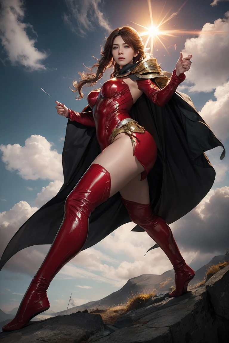 highest quality, masterpiece, realistic, High resolution, 8K RAW写真, 1 girl、long hair、goddess、Raise your decorated sword、((glamor body:1.3))、(Red bodysuit with flame motif、gold edge、white cloak)、silver pendant、silver earrings、(((action pose)))、(planet where the sun can be seen)、(many clouds in the sky）