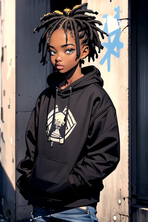 black boy, sweatshirt, beautiful detailed eyes, stylish haircut, urban setting, vibrant colors, street art, graffiti, cool pose,...