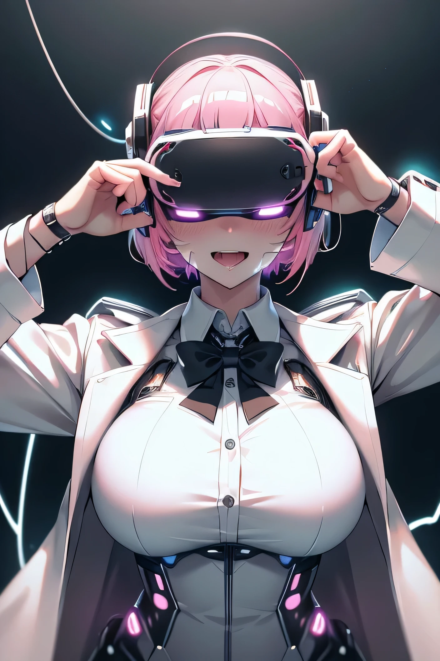 Anime cyborg girl sitting in a pilot seat wearing a virtual reality headset covering her eyes on her face with machinery and tubes and wires going inside her head and brain, (Best quality,highres:1.2), ultra-detailed, (realistic:1.3), cyberpunk, futuristic, portrait, shiny revealing latex outfit, cyber implants, virtual reality, drooling face, cables plugging into brain, shirt collar, bowtie, formal clothing, open mouth smile, facing viewer, girl is vibrating, glowing virtual reality headset, relaxed expression, blushing, cyber future formal wear, cyberpunk, futuristic, brain drain, cyber implants, virtual reality, drooling face, virtual reality headset covering eyes,  school uniform, big collar, high collar, open mouth smile, pleasured face expression, skin tight clothing, big shirt collar, big bowtie, biggest breasts in the world, light-emitting cable connected to brain, head antennas, oversized headphones, breasts are vibrating, open mouth drooling, pleasured expression, red face blush, cyborg, android, mechanical creature, mechanical torso, futuristic cyberpunk cyborg body, slim futuristic android, glowing lights on girls body, power cells, head is emitting pink light, formal shirt collar, big formal bowtie, school uniform, glowing nipples, big shirt collar, high collar, white collar, electrocution, girl being electrocuted, electricity, electricity sparks, pink hair, short hair, neon pink hair, body modification, orgasm, pleasure, (VR headset covering the eyes), pointing index finger up, half smile, excited expression, girl has a genius idea, picking noise with index funger, a mass of cables connected to the girl's brain, white suit coat, black vest, white dress shirt, nose picking, finger in nostril, girl picking her nose, holding index fingers up, pointing upward