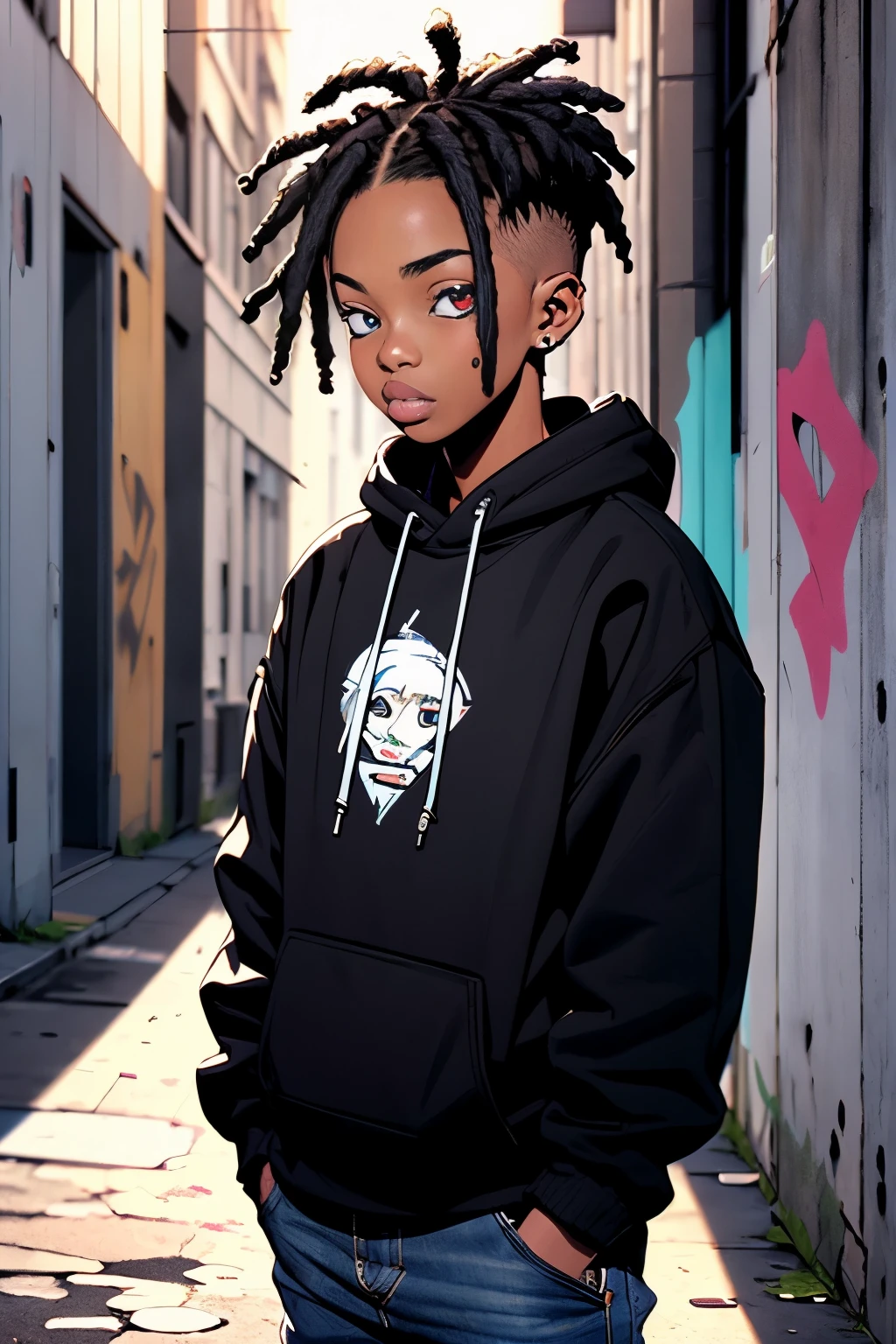 Schwarzer Junge, Sweatshirt, Schöne, detaillierte Augen, stylischer Haarschnitt, städtischen Umfeld, leuchtende Farben, Straßenkunst, Graffiti, coole pose, natürliche Beleuchtung, realistisch, moderner Kunststil, Hohe Auflösung, reichhaltige Textur, jugendliche Energie.
