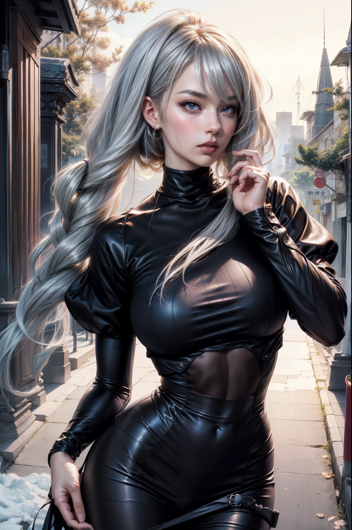 anime girl with long blue hair and a black top, style artgerm, 4 k manga wallpaper, extremely detailed artgerm, anime woman, digital anime illustration, silver hair (ponytail), detailed digital anime art, artgerm style, digital anime art, advanced digital anime art, 8k high quality detailed art, anime style 4 k, highly detailed exquisite fanart