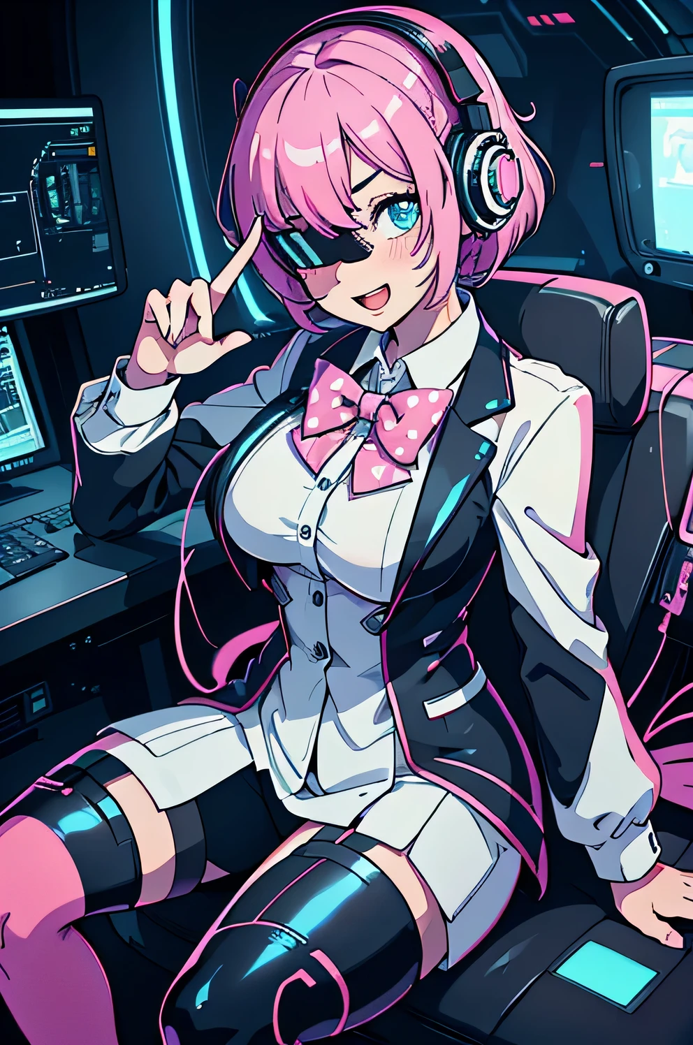 Anime cyborg girl sitting in a pilot seat wearing a virtual reality headset covering her eyes on her face with machinery and tubes and wires going inside her head and brain, (Best quality,highres:1.2), ultra-detailed, (realistic:1.3), cyberpunk, futuristic, portrait, shiny revealing latex outfit, cyber implants, virtual reality, drooling face, cables plugging into brain, shirt collar, bowtie, formal clothing, open mouth smile, facing viewer, girl is vibrating, glowing virtual reality headset, relaxed expression, blushing, cyber future formal wear, cyberpunk, futuristic, brain drain, cyber implants, virtual reality, drooling face, virtual reality headset covering eyes,  school uniform, big collar, high collar, open mouth smile, pleasured face expression, skin tight clothing, big shirt collar, big bowtie, biggest breasts in the world, light-emitting cable connected to brain, head antennas, oversized headphones, breasts are vibrating, open mouth drooling, pleasured expression, red face blush, cyborg, android, mechanical creature, mechanical torso, futuristic cyberpunk cyborg body, slim futuristic android, glowing lights on girls body, power cells, head is emitting pink light, formal shirt collar, big formal bowtie, school uniform, glowing nipples, big shirt collar, high collar, white collar, electrocution, girl being electrocuted, electricity, electricity sparks, pink hair, short hair, neon pink hair, body modification, orgasm, pleasure, (VR headset covering the eyes), pointing index finger up, half smile, excited expression, girl has a genius idea, picking noise with index funger, a mass of cables connected to the girl's brain, white suit coat with polka dots, black vest, white dress shirt with polka dots, nose picking, finger in nostril, girl picking her nose, holding index fingers up, pointing upward, clown-like formal attire, polka dotted clothing, clown clothes, clown suit, clown girl