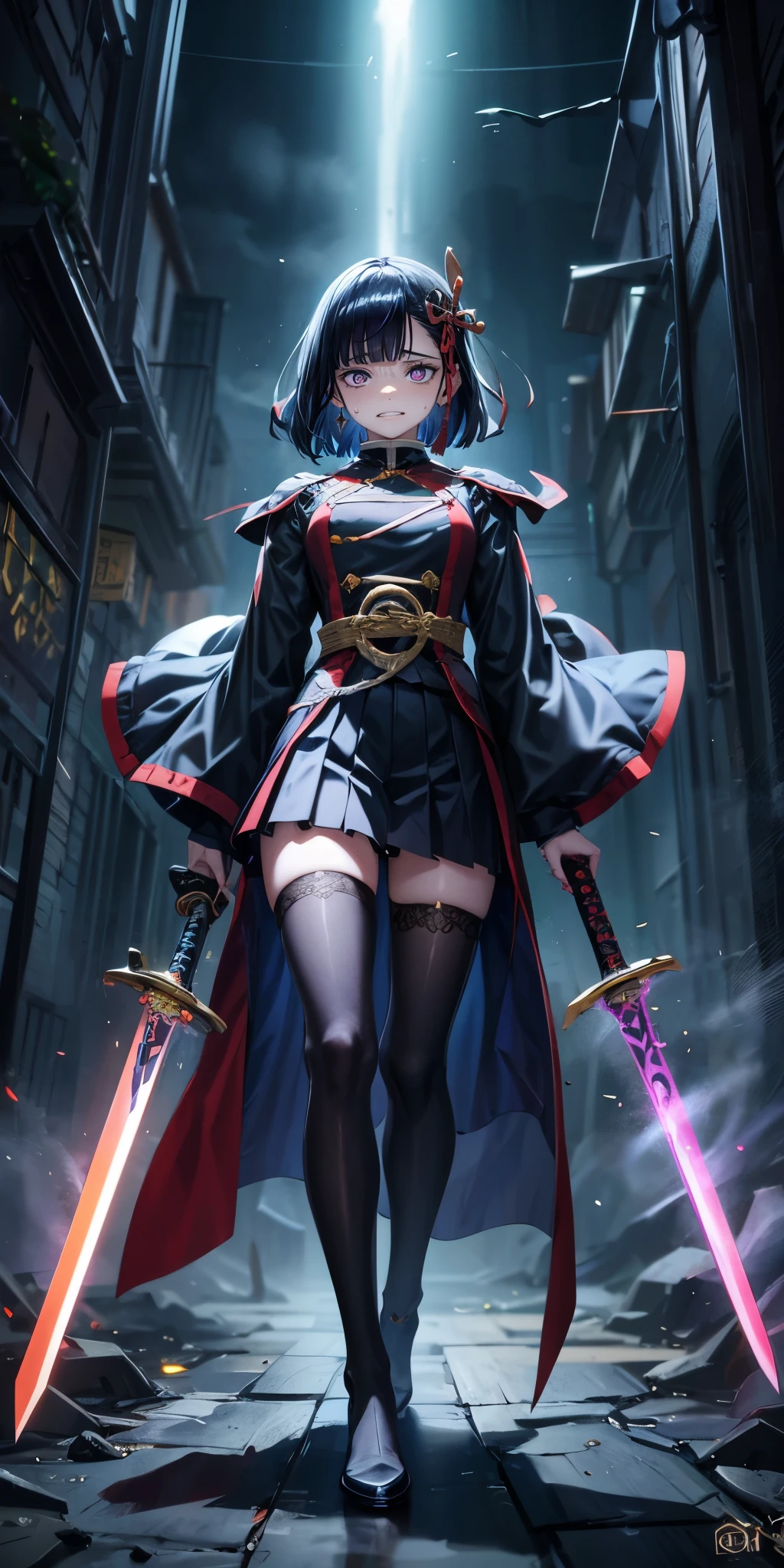 1girl, sword, 1girl, holding, thighhighs, solo, holding_weapon, holding_sword, skirt, standing, black_hair, dual_wielding, pleated_skirt, black_legwear, full_body, short_hair, blue_eyes, bangs, looking_at_viewer, closed_mouth, breasts, unsheathed, katana, zettai_ryouiki, hair_ornament, long_sleeves, jewelry, "glow effects, godrays, Hand drawn, render, 8k, octane render, cinema 4d, blender, dark, atmospheric 4k ultra detailed, cinematic, Sharp focus, big depth of field, Masterpiece, colors, 3d octane render, 4k, concept art, trending on artstation, hyperrealistic, Vivid colors, extremely detailed CG unity 8k wallpaper, trending on CGSociety, Intricate, High Detail, dramatic", anime coloring, anime screencap, sweating, steaming body, fog, holding sword, hair ornament,