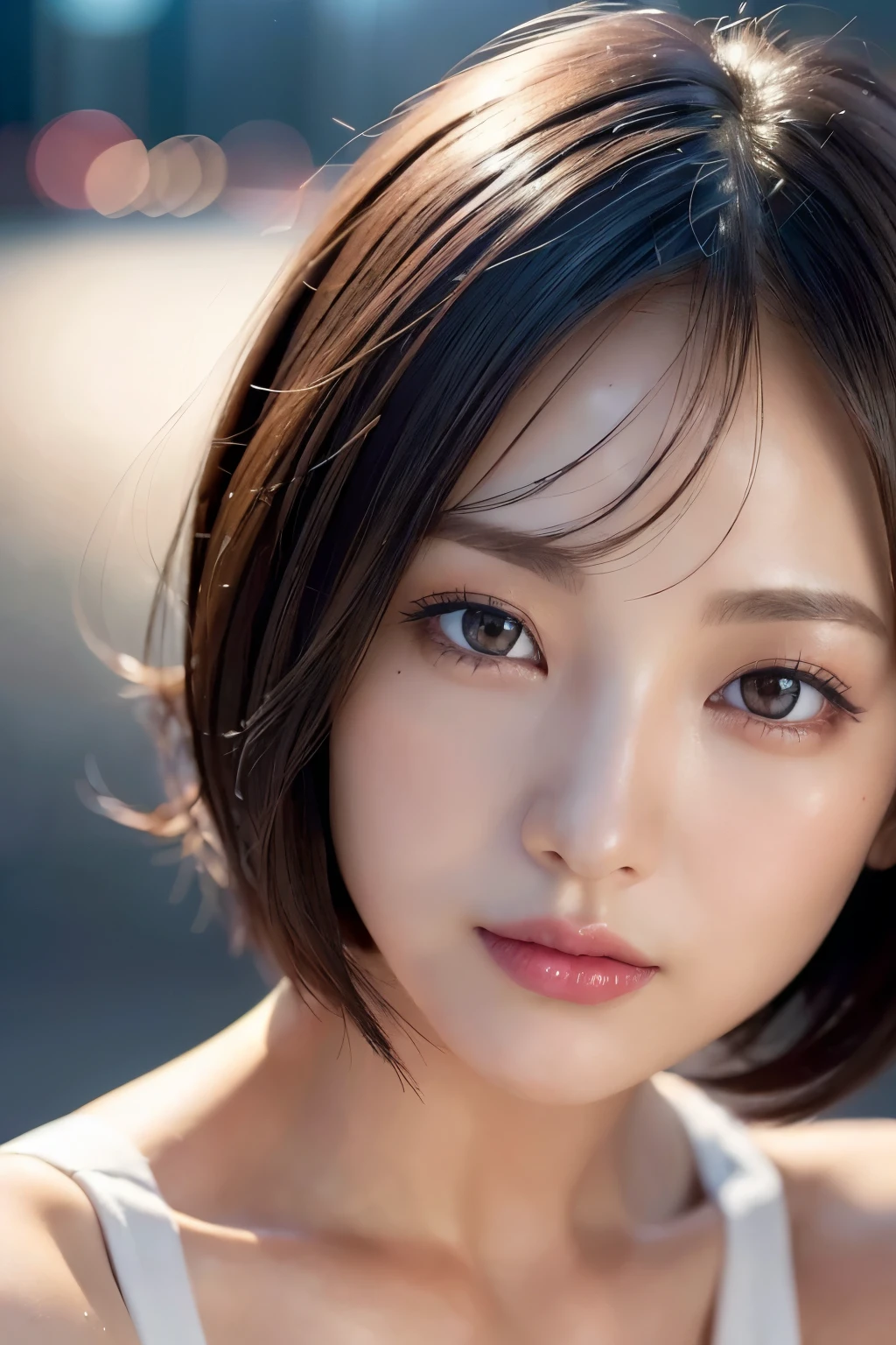 ((close-up photo of face:1.4))、shiny pink lipstick:1.3, mix 4, (8k, original photo, highest quality, masterpiece: 1.45), (actual, lifelike: 1.37), thin japanese woman, One girl, attractive, City view, night, rain, Wet, professional lighting, photon mapping, radio city, Physically based rendering, gradient black hair, short curly hair, good looking, girl, Completely naked, High resolution, 1080p, (clean face), (Detailed facial description), (Detailed explanation of hands), (Detailed CG), extreme light and shadow,brown short bob cut hair, rich in details, (exquisite features), (highest quality photos), (beautiful eyes), look in front of you, thin clavicle,