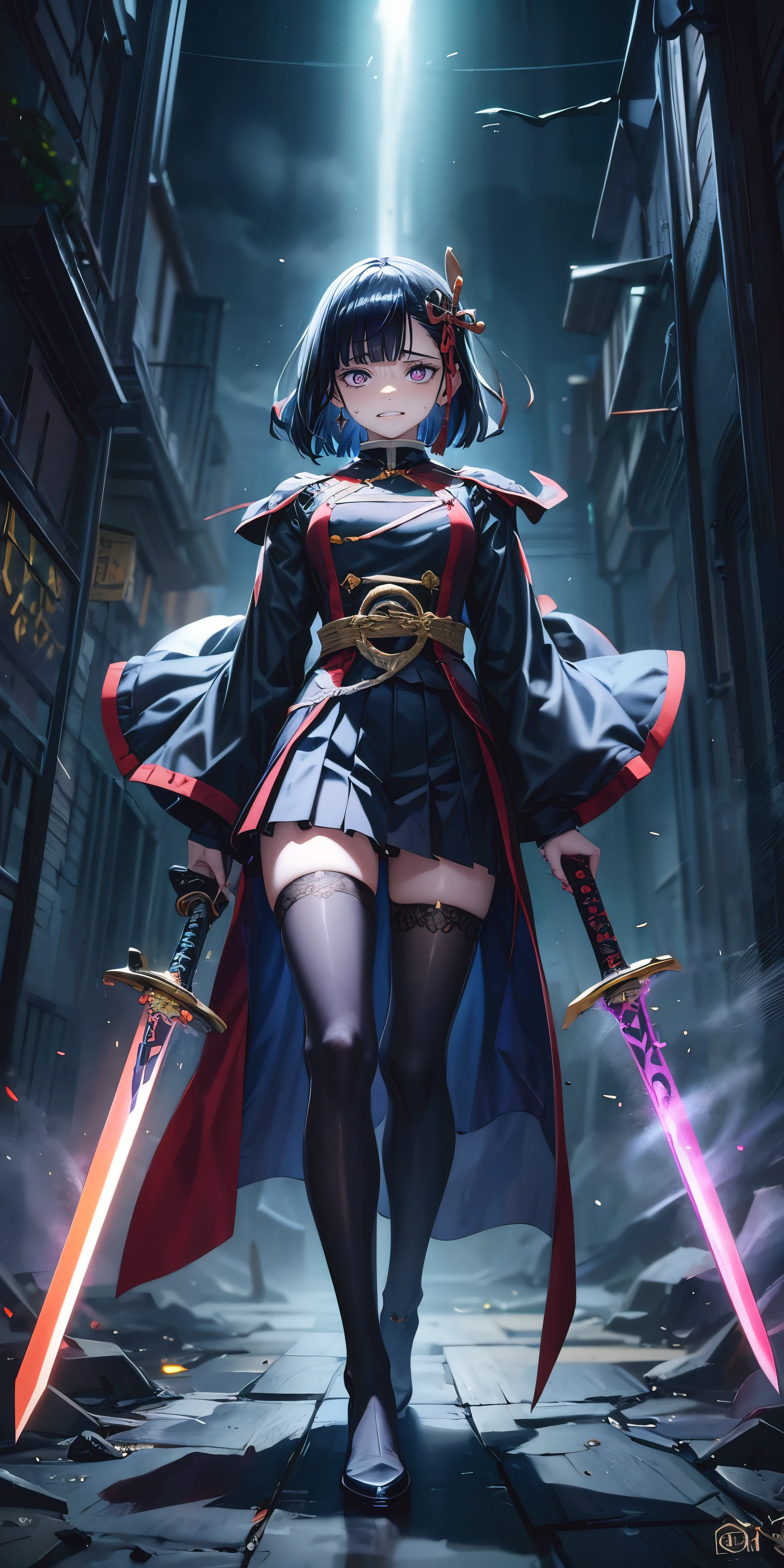 1girl, sword, 1girl, holding, thighhighs, solo, holding_weapon, holding_sword, skirt, standing, black_hair, dual_wielding, pleated_skirt, black_legwear, full_body, short_hair, blue_eyes, bangs, looking_at_viewer, closed_mouth, breasts, unsheathed, katana, zettai_ryouiki, hair_ornament, long_sleeves, jewelry, "glow effects, godrays, Hand drawn, render, 8k, octane render, cinema 4d, blender, dark, atmospheric 4k ultra detailed, cinematic, Sharp focus, big depth of field, Masterpiece, colors, 3d octane render, 4k, concept art, trending on artstation, hyperrealistic, Vivid colors, extremely detailed CG unity 8k wallpaper, trending on CGSociety, Intricate, High Detail, dramatic", anime coloring, anime screencap, sweating, steaming body, fog, holding sword, hair ornament,