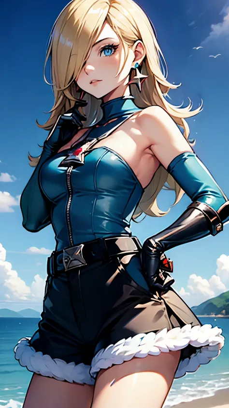 Steppiece, Best Quality, Ultra-detailed, Absurd, Portrait of cute android18DB, Realistic face, Solo, earrings, Jewelry, , brave, Eyeshadow closed, the beach, gloves, Necklace, Rock, Standing, fighting position, Volumetric lighting, Best Quality, masutepiec...