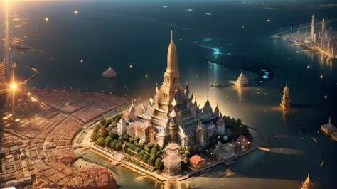 an anime-style aerial view of bangkok, with a focus on the glittering wat arun temple at the heart of the city.
the intricate de...