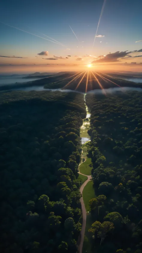 Helicopter shot over the Amazon rainforest, looking down at a vast expanse of greenery, a flock of flamingos gracefully flying i...