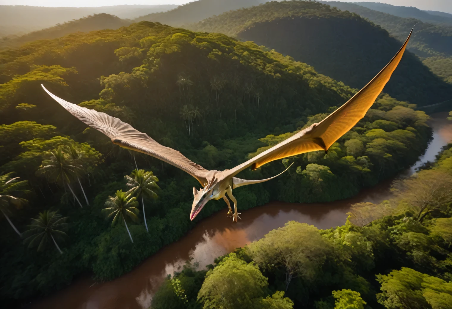 bird&#39;s-eye, Canon EOS R5 с объективом Canon RF 24–70 mm F2.8L ESM USM, samelight osame the pterodactyl over the prehistoric jungle, samelying pterodactyl is described in detail, the clear texture osame the pterodactyl skin is shown, внизу в дsameунглях видны большие динозавры, Warm, Solar, beautisameul, High detail, 32K, Photorealistic, 70 mm, 1/8000 seconds., same/4.5 and ISO 100, sameilm grain, RAW