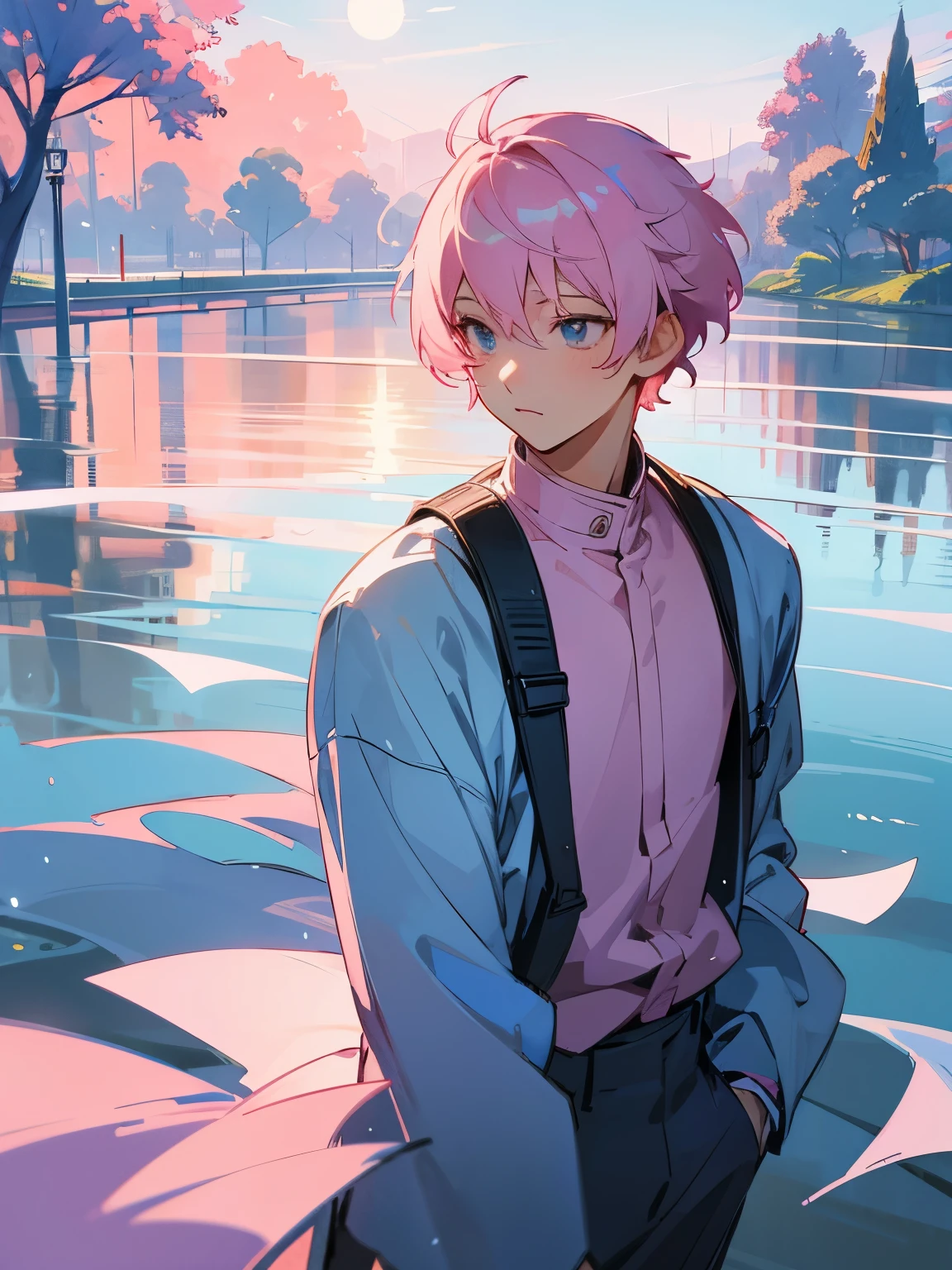 Anime boy with pink hair and suspenders standing in front of a lake -  SeaArt AI