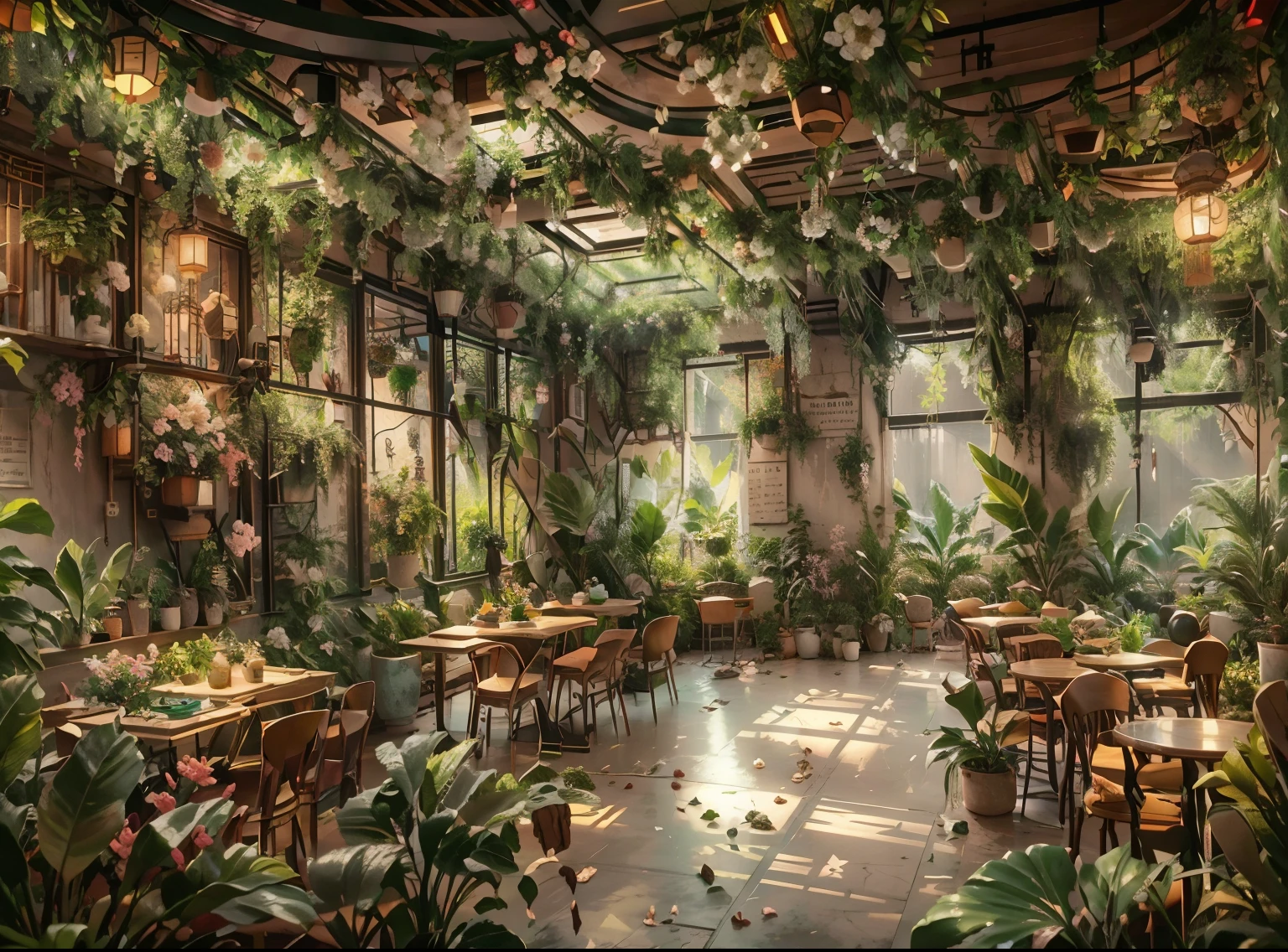 Green coffee shop decorated with flowers and vines for an elegant atmosphere. (Best quality, high resolution), (Bright, vibrant colours), (Detailed, realistic), Decorated with flowers and vines for an elegant atmosphere. Floral decorations on the walls create a warm and cosy atmosphere. Wooden furniture such as Chinese tables and chairs are also scattered around for guests to relax. The style is reminiscent of V-Ray's squint tracking.