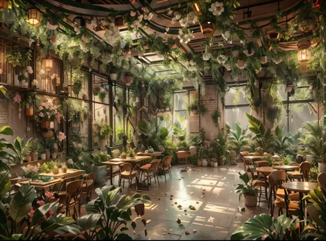 green coffee shop decorated with flowers and vines for an elegant atmosphere. (best quality, high resolution), (bright, vibrant ...