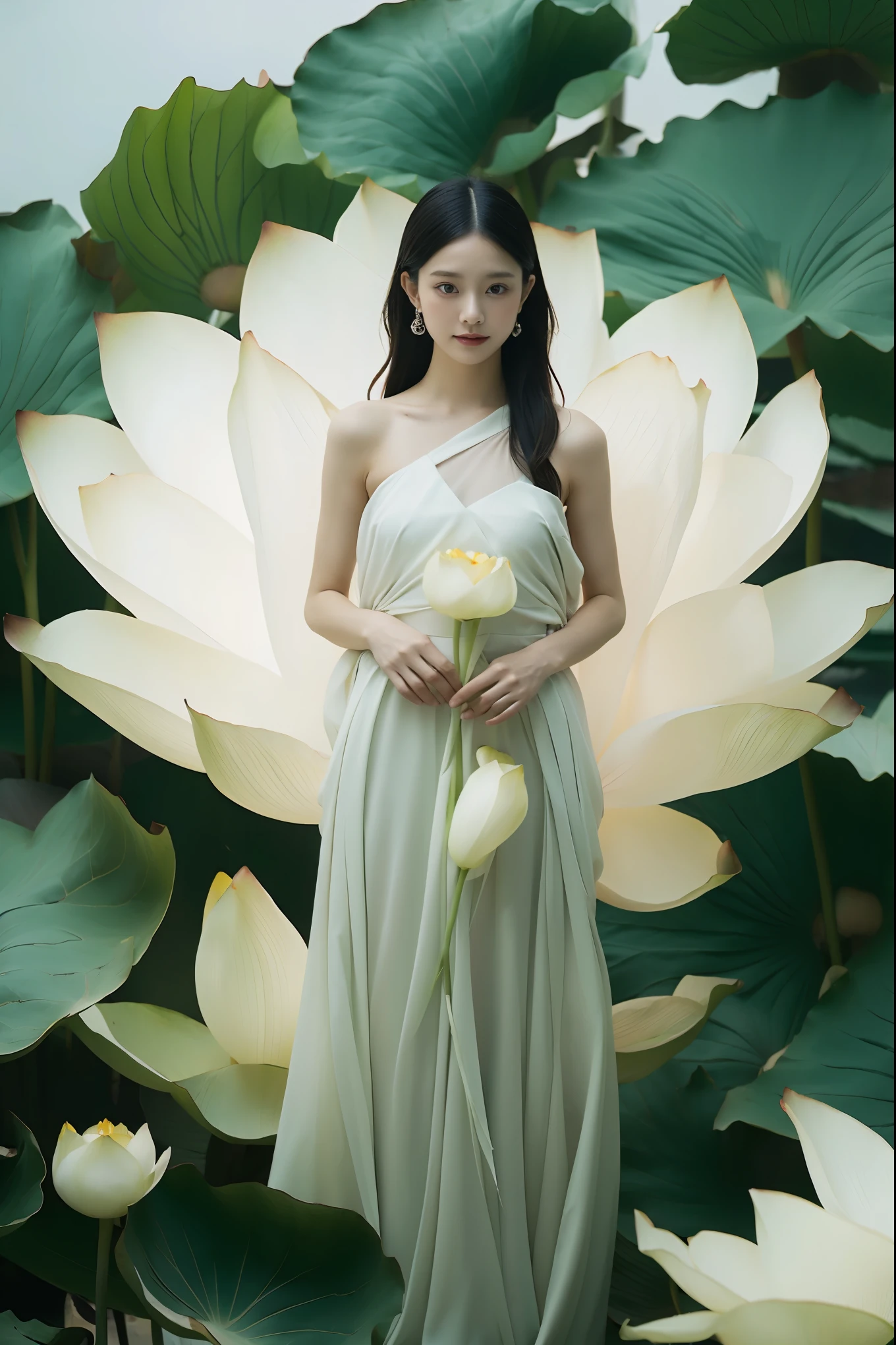 light pink and light white shades,Full body female love,  White background, natural lighting, Light effect, minimalist, elegant, pure tenderness, soft light lighting, realistically. a woman is (clavicle, bshoulder,) placed in a (pray and stand) super giant lotus，The petals are big and long (The petals are thin, soft gauze, Full background of flowing petals, floating petals, super flying petals, Mixed effect of smoke and petals), lotus dress,((perspective)).lotus_leaf_fairy