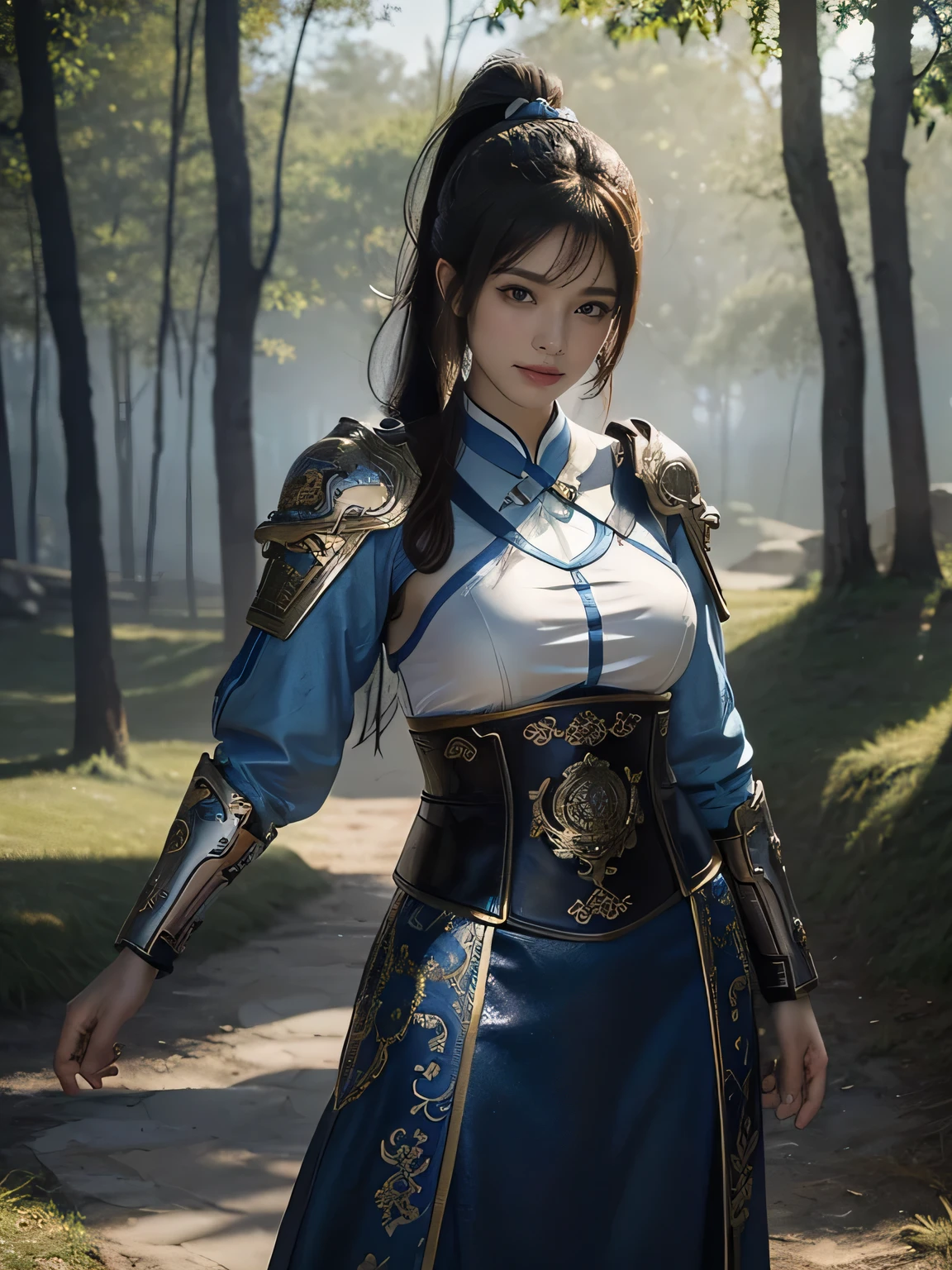 masterpiece，Best quality，HD quality，face close-up，A high resolution，8K，Ancient battlefield background, ((field：1.8))，(Female generals on the battlefield in the Han Dynasty)，18-year-old girl，（long ponytail hairstyle)，cparted lips，Full and erect breasts，Noble and charming，Elegant and serious，Chinese armor,sword, Chinese architecture, Blue by Capelet，，The combination of white metal and red leather，chest armor，metallic luster，Leather buckle，Exquisite pattern，mysterious badge，Cool and gorgeouig breasts))，Chest groove，Three Kingdoms character painting style，Photo pose，oc render reflection texture，charming smile，Head-up shot，bright afternoon，woodland background