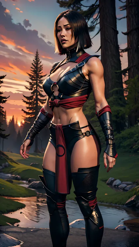 ((karen fukuhara)) as sareenamk1 from mortal kombat, red eyes, black sclera, (two-tone hair, white streaked hair), bangs, scar, ...