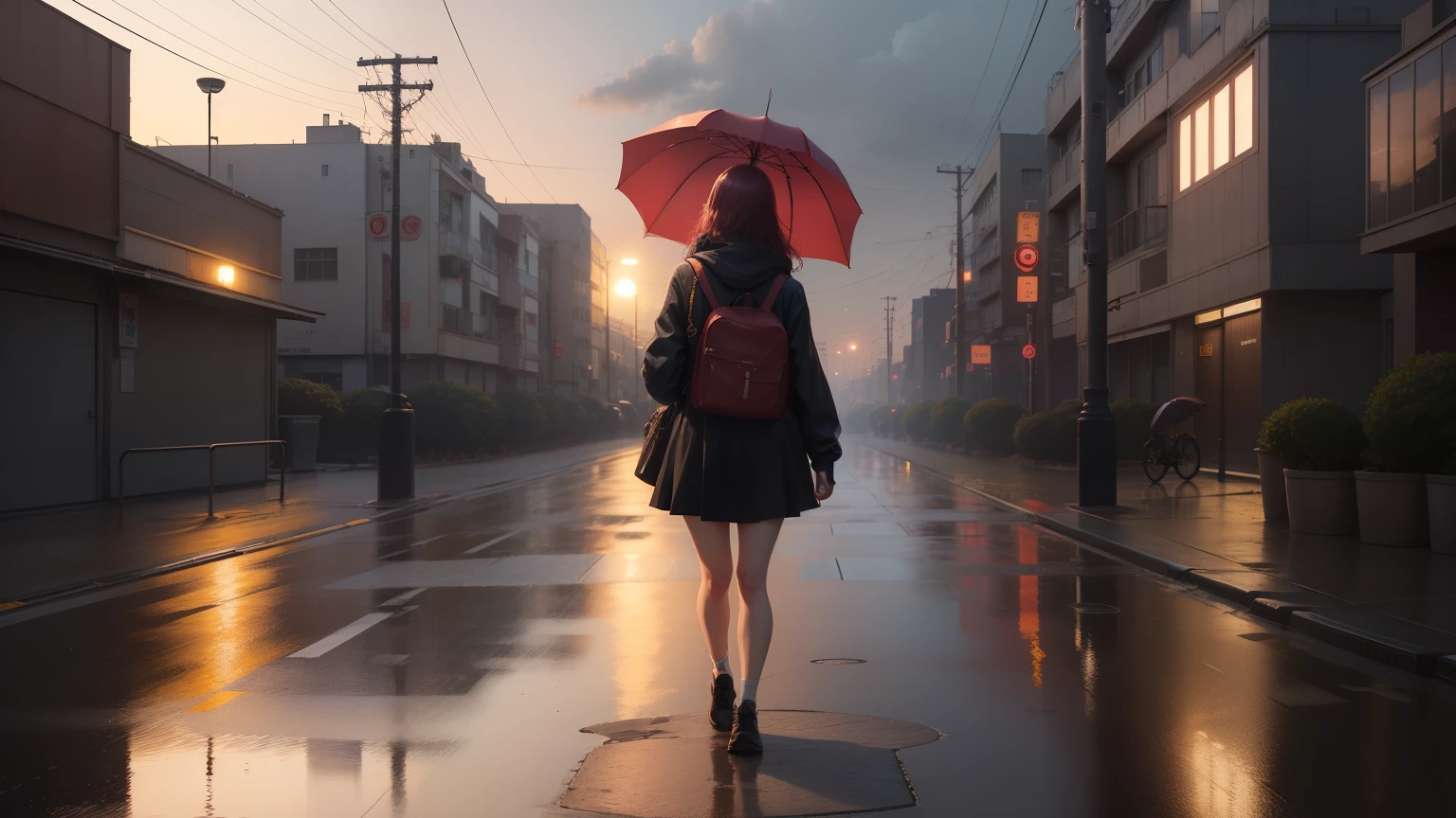 Da ist eine junge Frau, die mit einem Regenschirm nach Hause geht, Frau in ihren Zwanzigern, leichter Regen, Tokio Anime-Szene, Stil von Alena Aenami, ruhiger Sonnenuntergang, schöne Anime-Szene, Anime-Atmosphäre, Anime-Kunst-Hintergrundbild 4k, Anime-Kunst-Hintergrundbild 8k