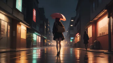 There is a young woman walking home with an umbrella, woman in her 20s, light rain, tokyo anime scene, style of alena aenami, ca...