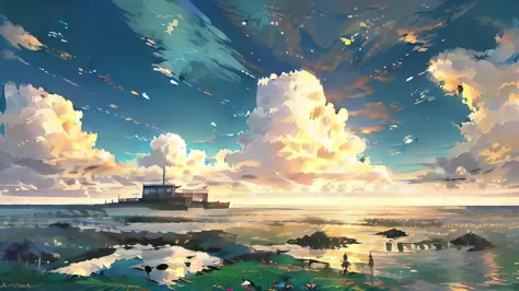 Studio Ghibli, Makoto Shinkai, anime countryside scenery，beautiful nature,　evening,　grassland