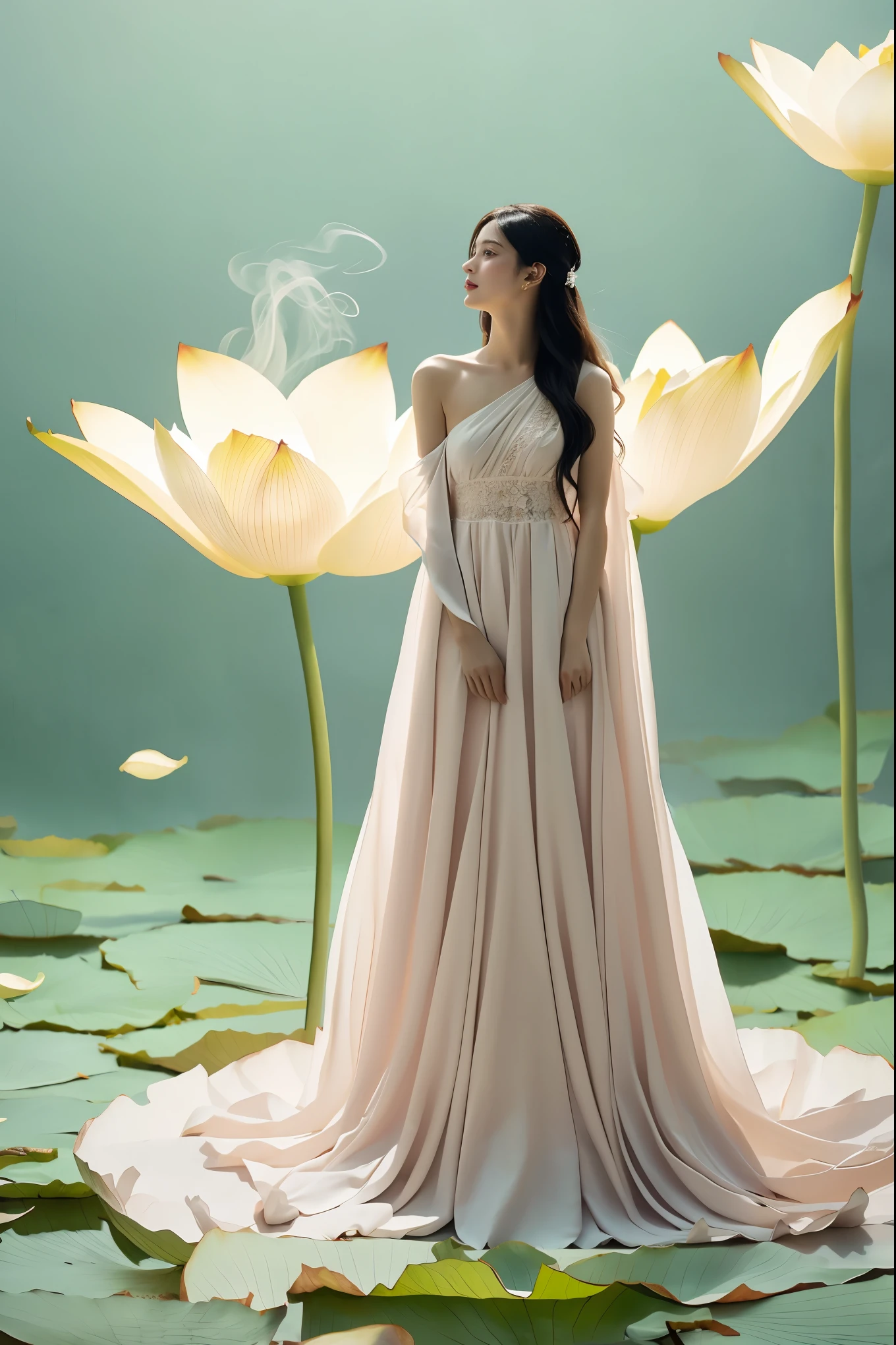 light pink and light white shades,Full body female love,  White background, natural lighting, Light effect, minimalist, elegant, pure tenderness, soft light lighting, realistically. a woman is (clavicle, bshoulder,) placed in a (pray and stand) super giant lotus，The petals are big and long (The petals are thin, soft gauze, Full background of flowing petals, floating petals, super flying petals, Mixed effect of smoke and petals), lotus dress,((perspective)).lotus_leaf_fairy，anatomically correct，((Best quality)), ((Masterpiece)), ((Realistic))