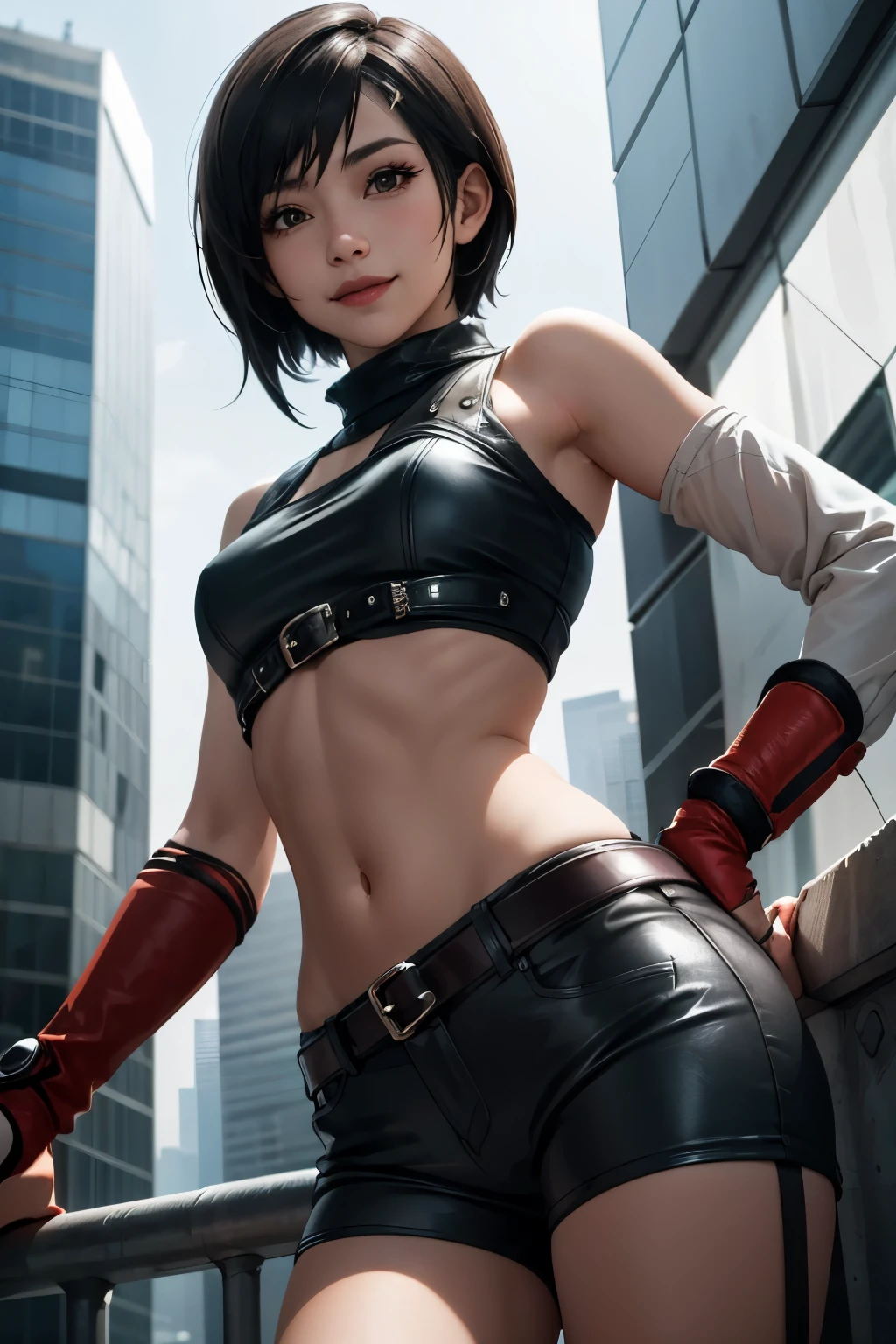 FF7 Yuffie, looking at me, -like, high resolution, smiling, blushing, belly button exposed, black leather belt hot pants, skyscrapers, background blur