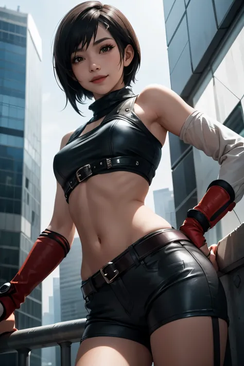 FF7 Yuffie, looking at me, -like, high resolution, smiling, blushing, belly button exposed, black leather belt hot pants, skyscr...
