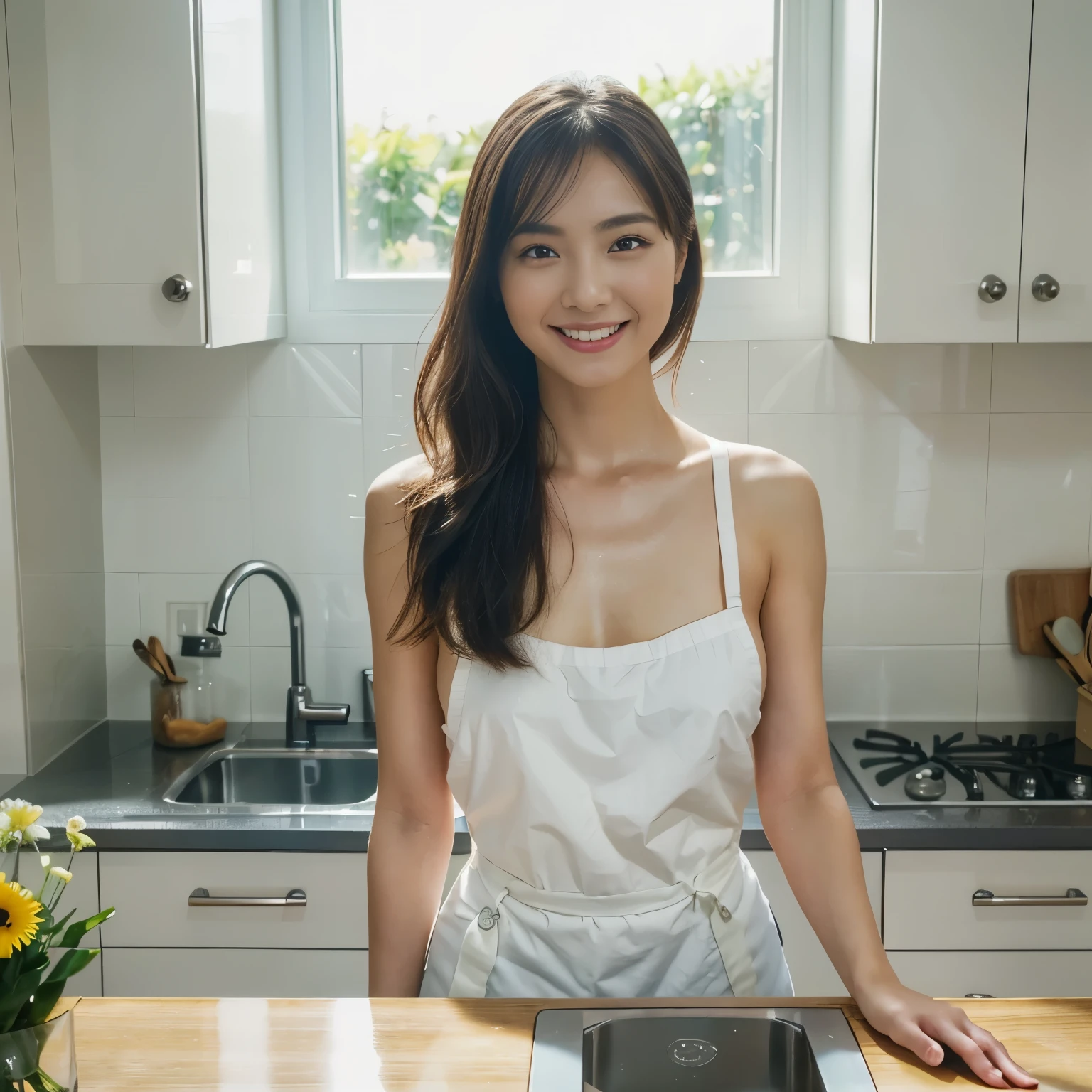 (table top、highest quality、8k、Award-winning work、ultra high resolution)、one beautiful woman、(wearing the most natural and perfect apron:1.1)、the best smile looking at me、emphasize body line、big breasts、(The most natural and practical kitchen:1.1)、(Perfectly organized and clean kitchen:1.1)、(modern and elegant kitchen:1.1)、(Beautiful modern kitchen with a unified feel:1.1)、(very bright:1.1)、very bright and vivid、A refreshing and beautiful perfect window、Perfect and beautiful teeth in ultra high resolution、(Ultra high definition glossy skin:1.1)、(very brightly lit、bright and glowing skin:1.1)、Super high-definition sparkling eyes、accurate anatomy