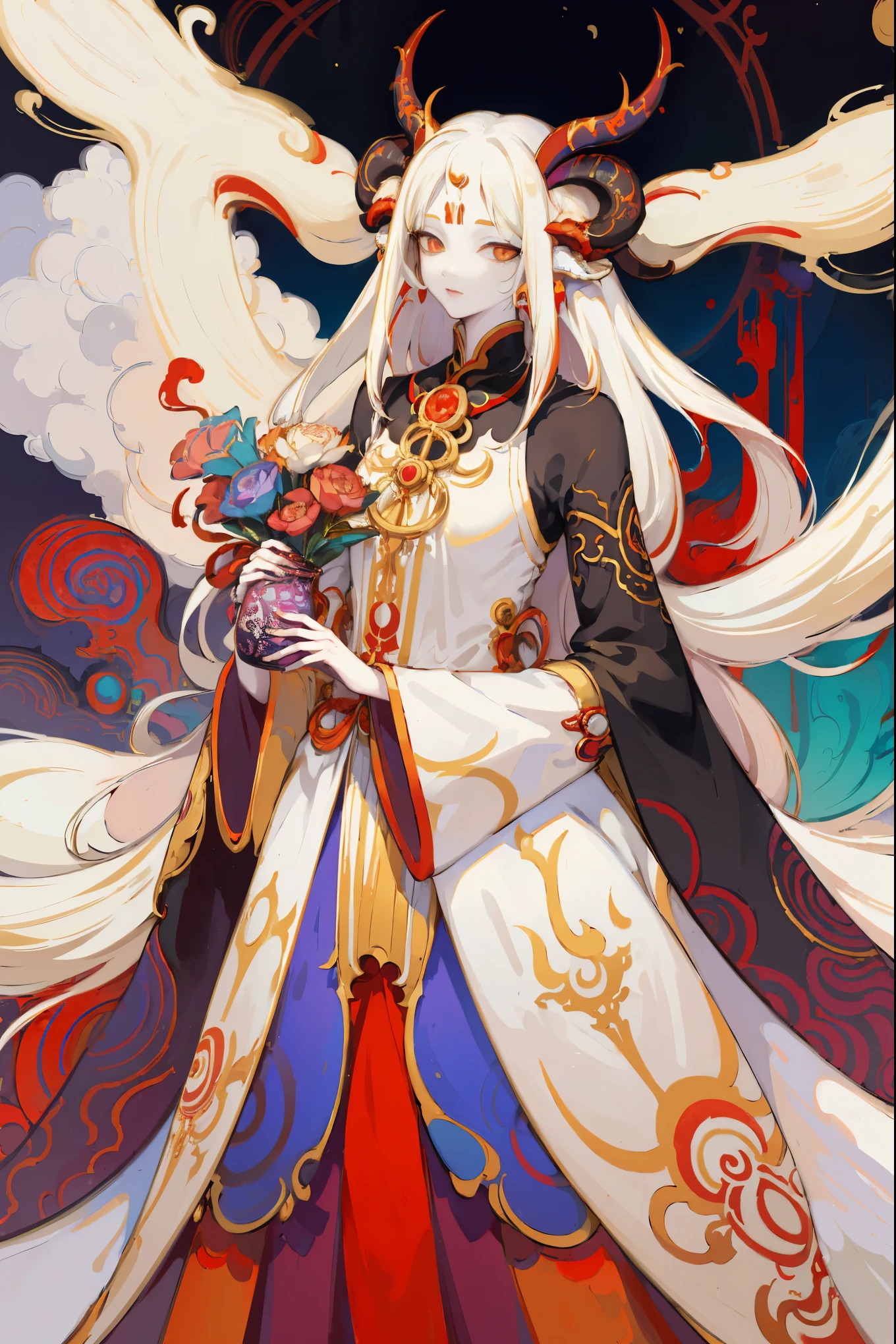 Designed by nty, a woman is, (Albino demon girl standing, long and complex horns:1.2, colorful clothes), intricate details, Colorful background, Abstract,Onmyoji Detailed Art, Oriental traditional art style, beautiful painting style, Ukiyo-style, masterpiece, top quality, best quality, ultra high resolution