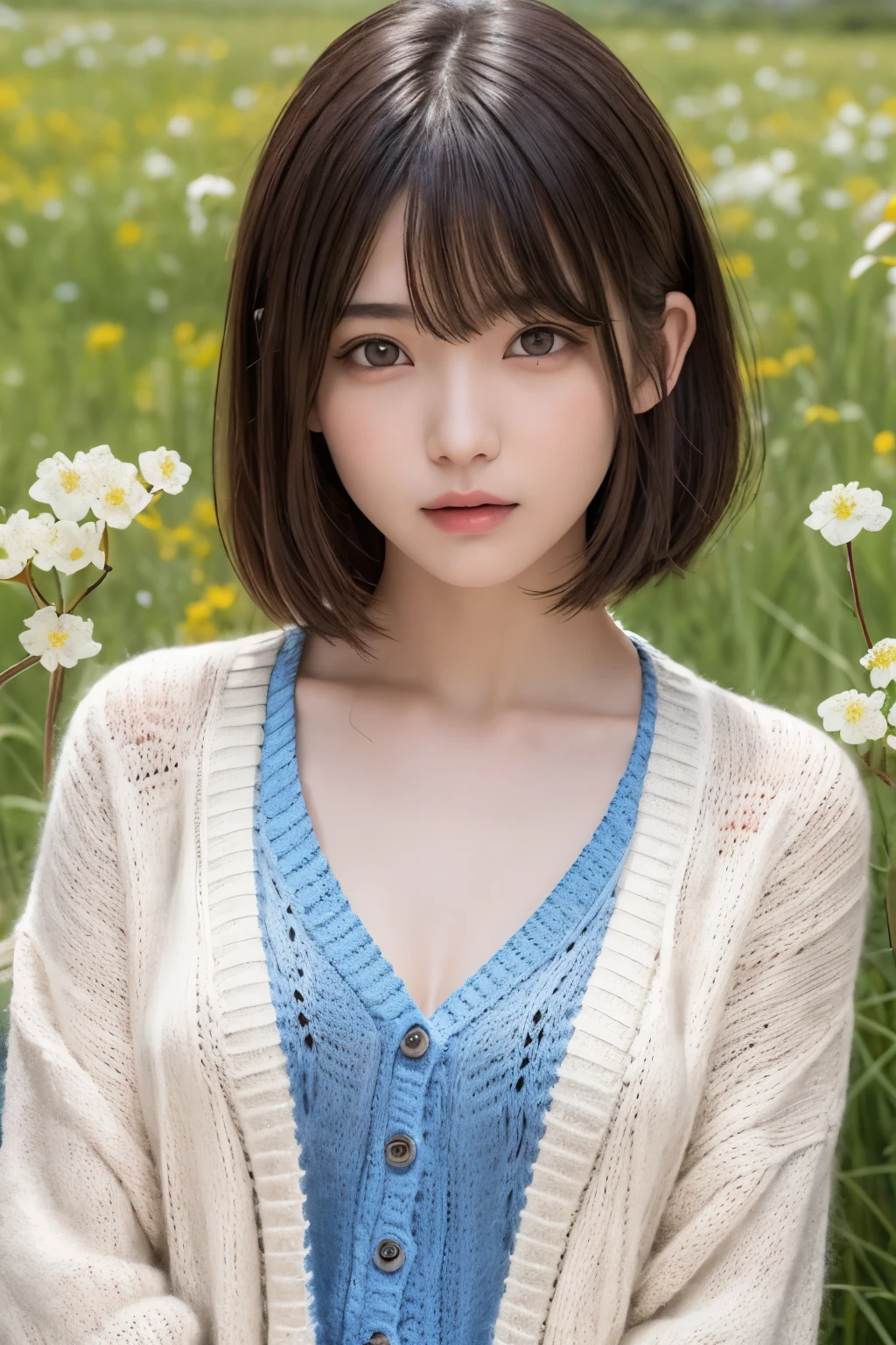 masterpiece、highest quality、One girl、(beautiful girl、Delicate girl:1.3)、(16 years old:1.3)、very fine eyes、(symmetrical eyes:1.3)、(rape blossom meadow:1.2)、(adult fashion、knit cardigan:1.3)、small breasts、brown eyes、bangs parting、brown hair、girl、(Eye and face details:1.0)、(Close up to face、face zoom、face focus:0.1)