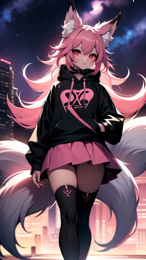 solo female with long flowing bright pink hair, has fox ears, has fox tail, has nine tails, wearing skirt and a cropped black ho...