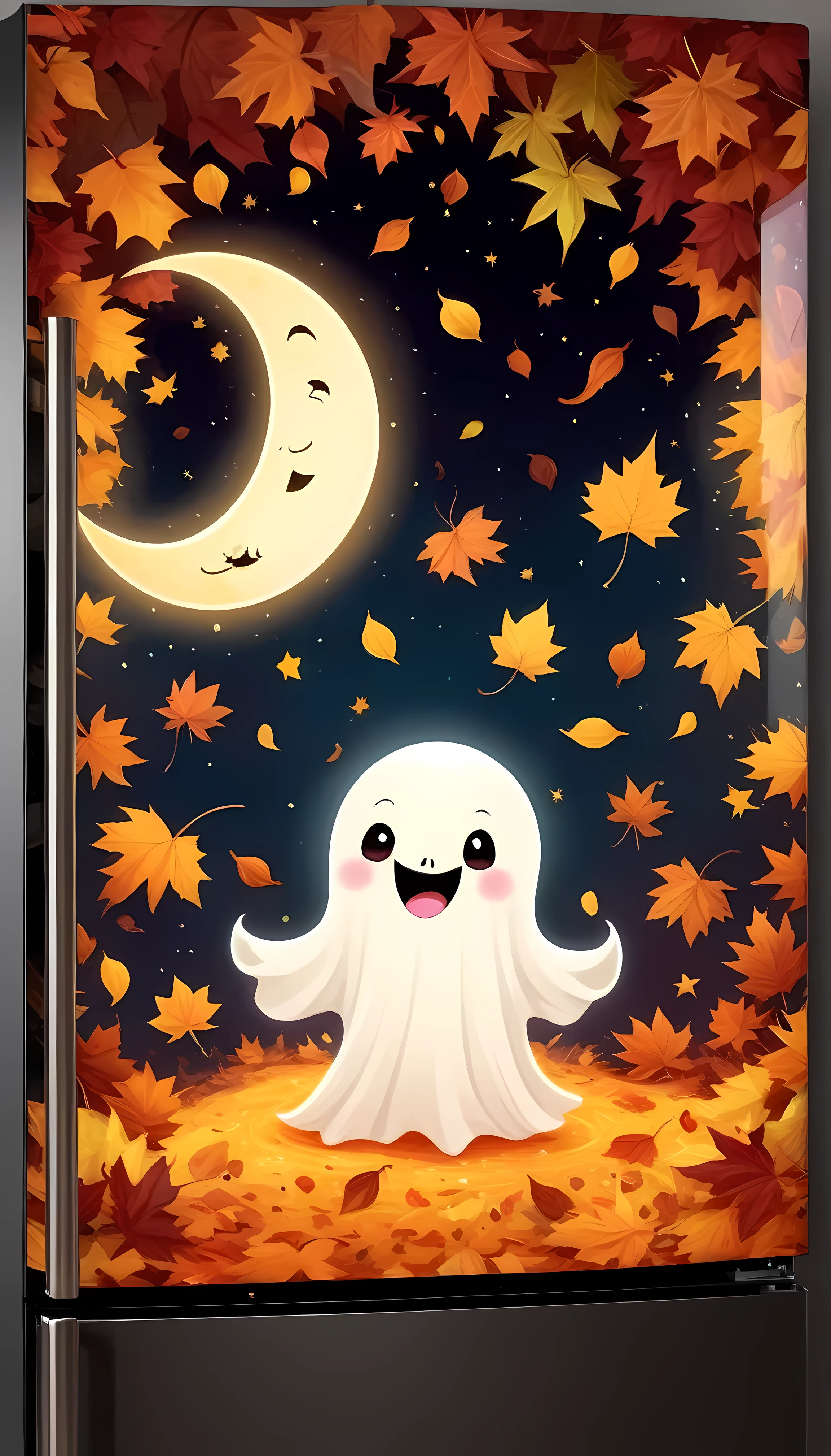 CuteCartoonAF, Cute Cartoon, masterpiece in maximum 16K resolution, superb quality, (a big sticker) on the modern fridge, designed as a cheerful ghost character holding a glowing lantern, floating amidst (colorful) autumn leaves, a friendly smile and playful expression, with the lantern emitting a warm inviting light, surrounded with twinkling stars and a crescent moon in the night magical sky, intricate gothic symbolore_Detail))
