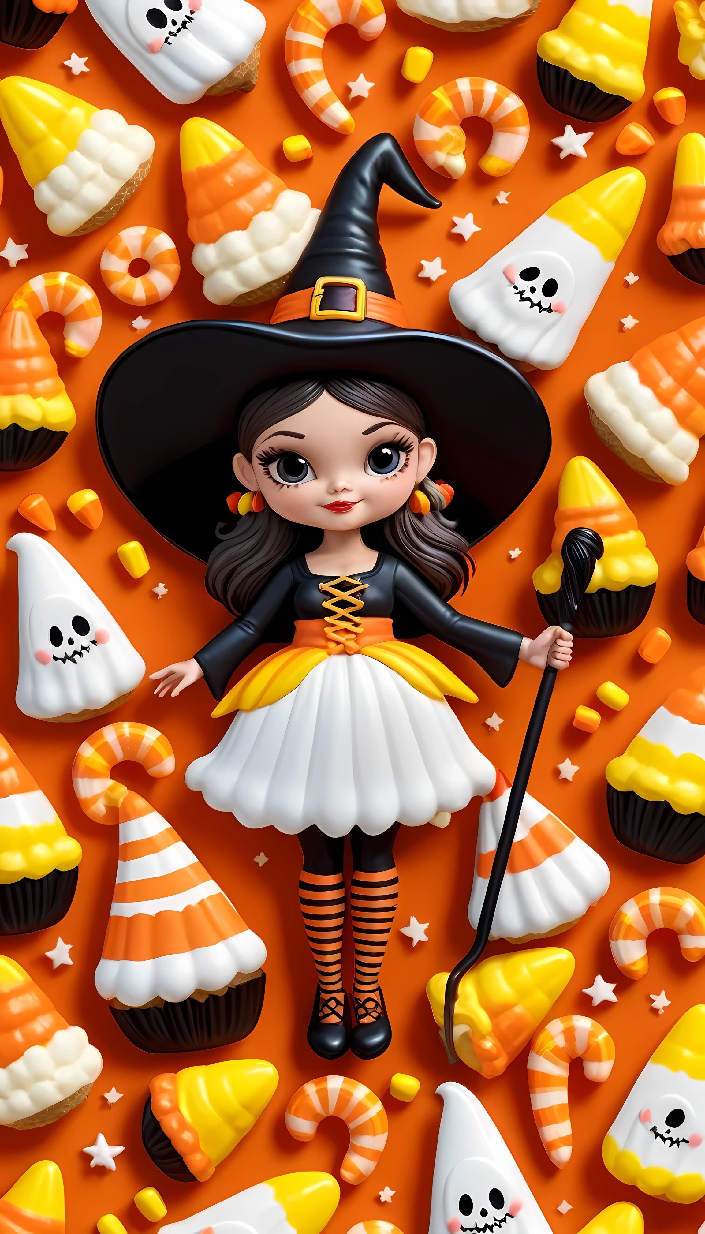 CuteCartoonAF, Cute Cartoon, masterpiece in maximum 16K resolution, superb quality, (a big sticker) on the modern fridge, designed as a whimsical Candy Corn Witch dressed in an outfit with candy corn and a holding a magical staff, surrounded with miniature whimsical elements such a candy corn houses and frighteningly adorable creatures, the overall design evokes a sense of awe, magic, and Halloween wonder.