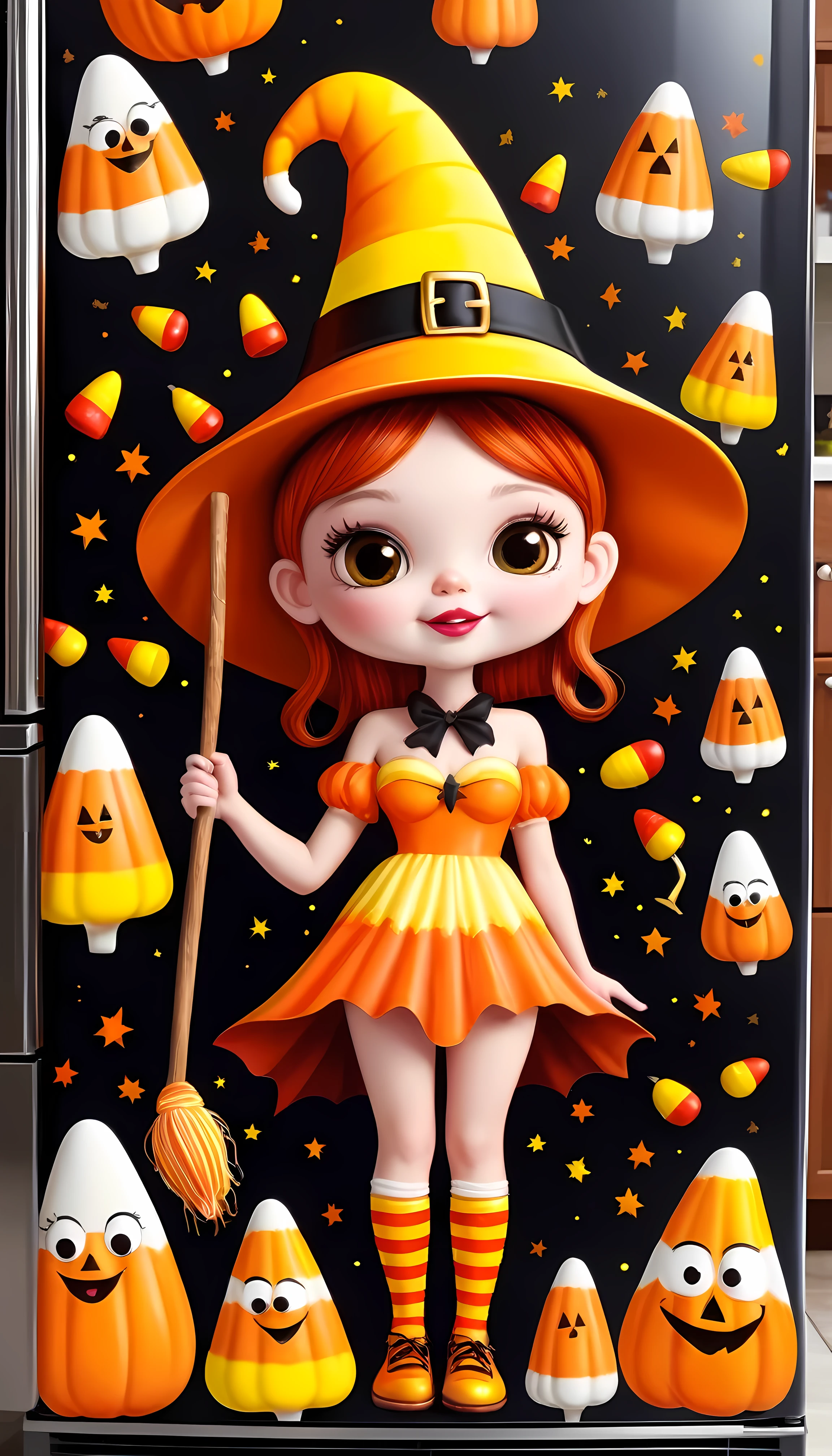 CuteCartoonAF, Cute Cartoon, masterpiece in maximum 16K resolution, superb quality, (a big sticker) on the modern fridge, designed as a whimsical Candy Corn Witch dressed in an outfit with candy corn and a holding a magical staff, surrounded with miniature whimsical elements such a candy corn houses and frighteningly adorable creatures, the overall design evokes a sense of awe, magic, and Halloween wonder.