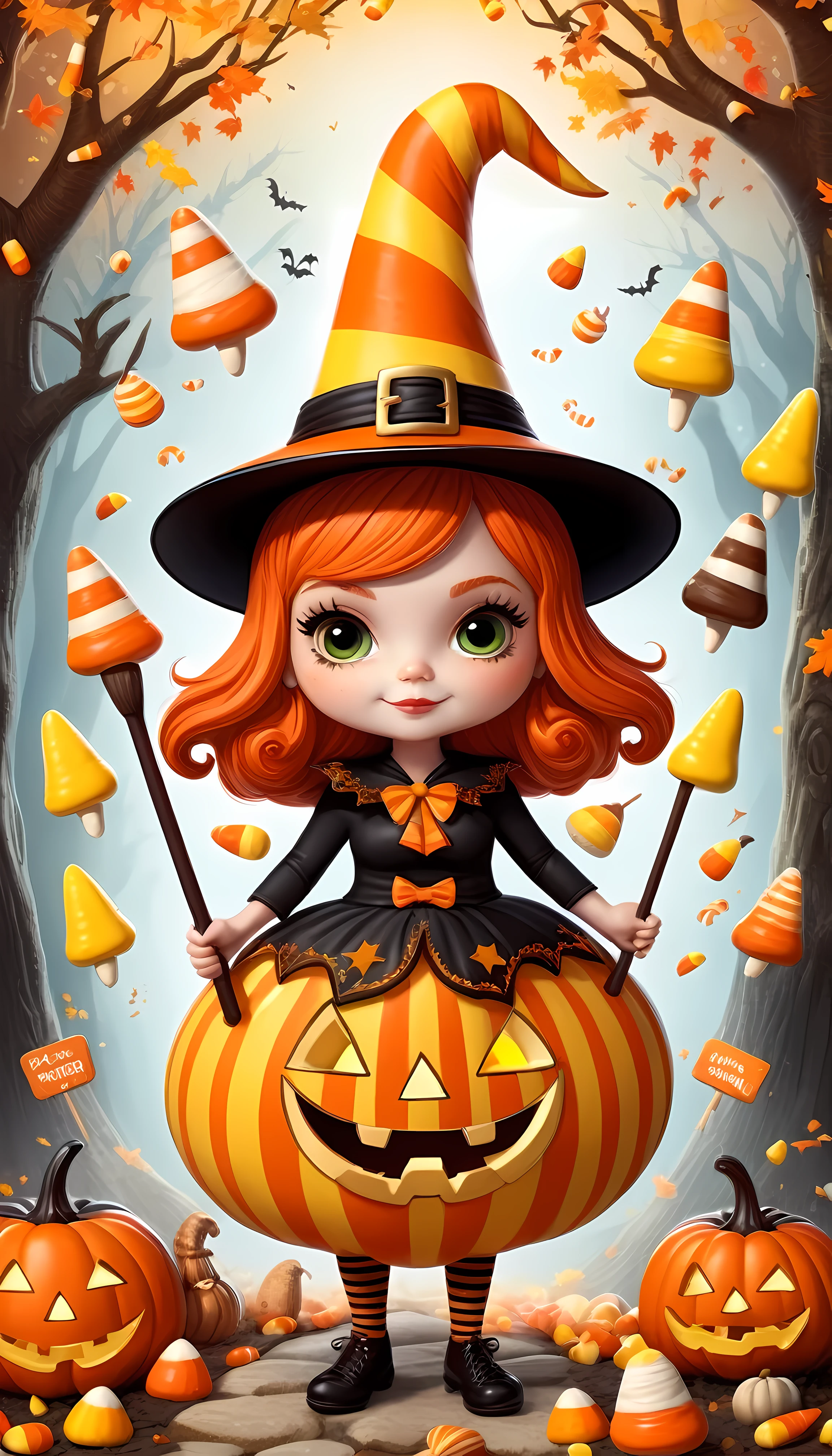 CuteCartoonAF, Cute Cartoon, masterpiece in maximum 16K resolution, superb quality, (a big sticker) on the modern fridge, designed as a whimsical Candy Corn Witch dressed in an outfit with candy corn and a holding a magical staff, surrounded with miniature whimsical elements such a candy corn houses and frighteningly adorable creatures, the overall design evokes a sense of awe, magic, and Halloween wonder.
