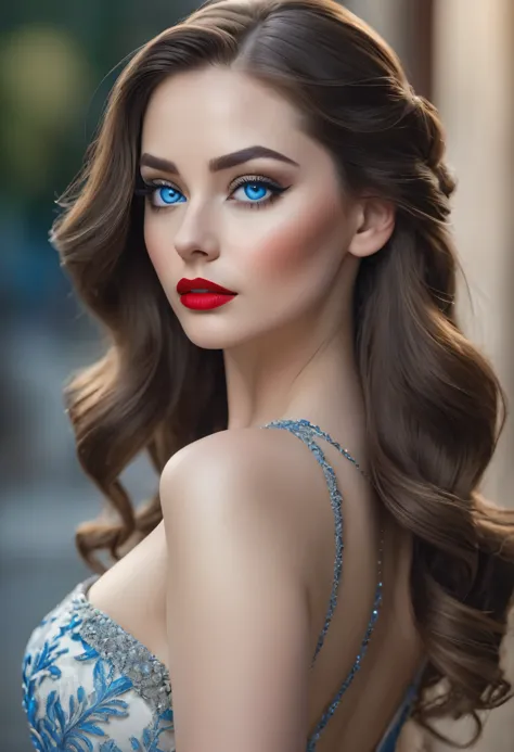 Uma mulher atraente com longo, brunette and serious face, olhos azuis, batom vermelho, Long eyelashes, jovem, cabelos semiamarra...